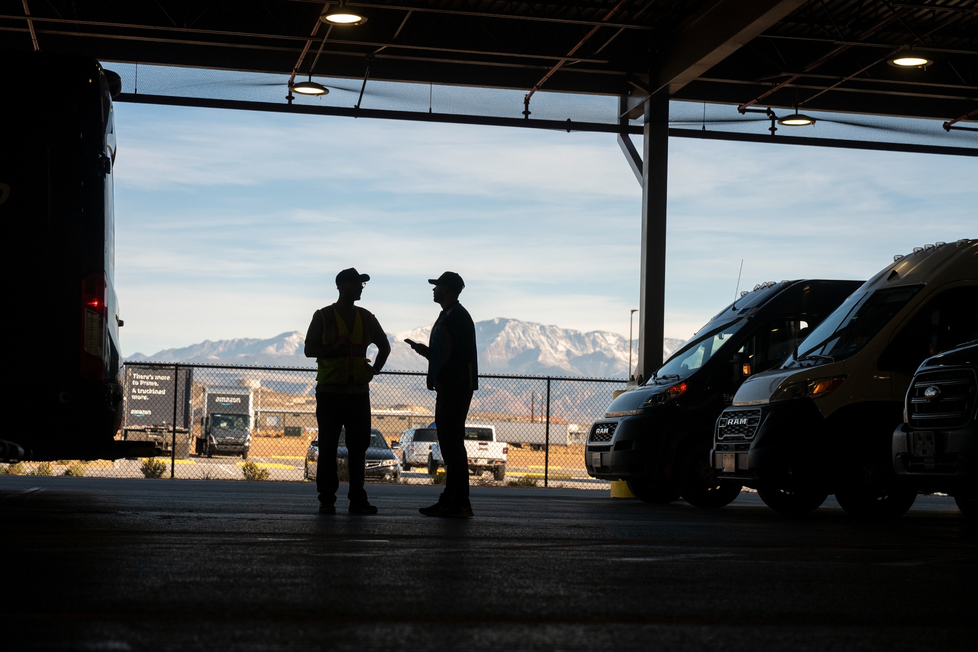 Amazon delivery drivers organize their vans at the Amazon delivery station in St George, Utah.