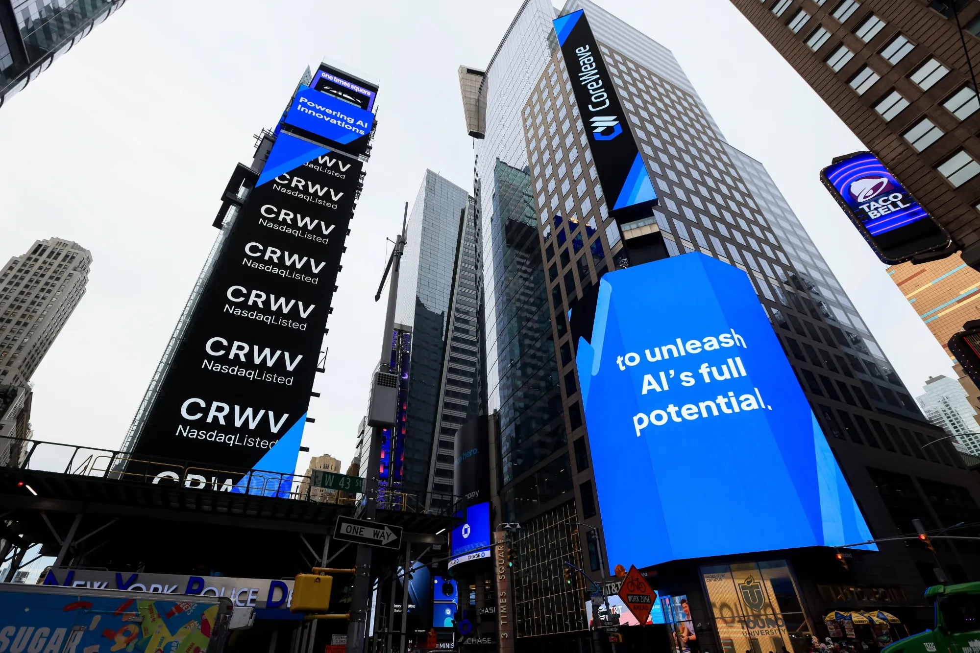 CoreWeave signage during the company's IPO at the Nasdaq MarketSite in New York on&nbsp;March 28.