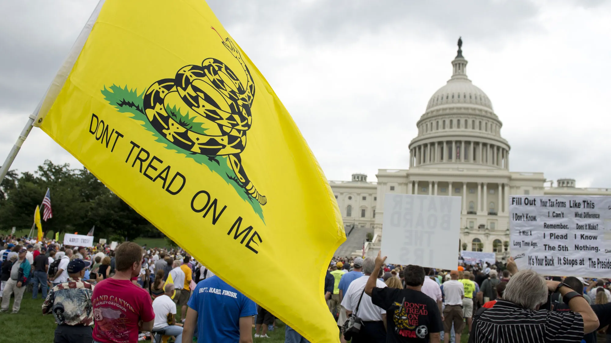 Demonstrators with the Tea Party protest the Internal Revenue Service (IRS) targeting of the Tea Party and similar groups during a rally called 'Audit the IRS' outside the US Capitol in Washington, DC, June 19, 2013.
