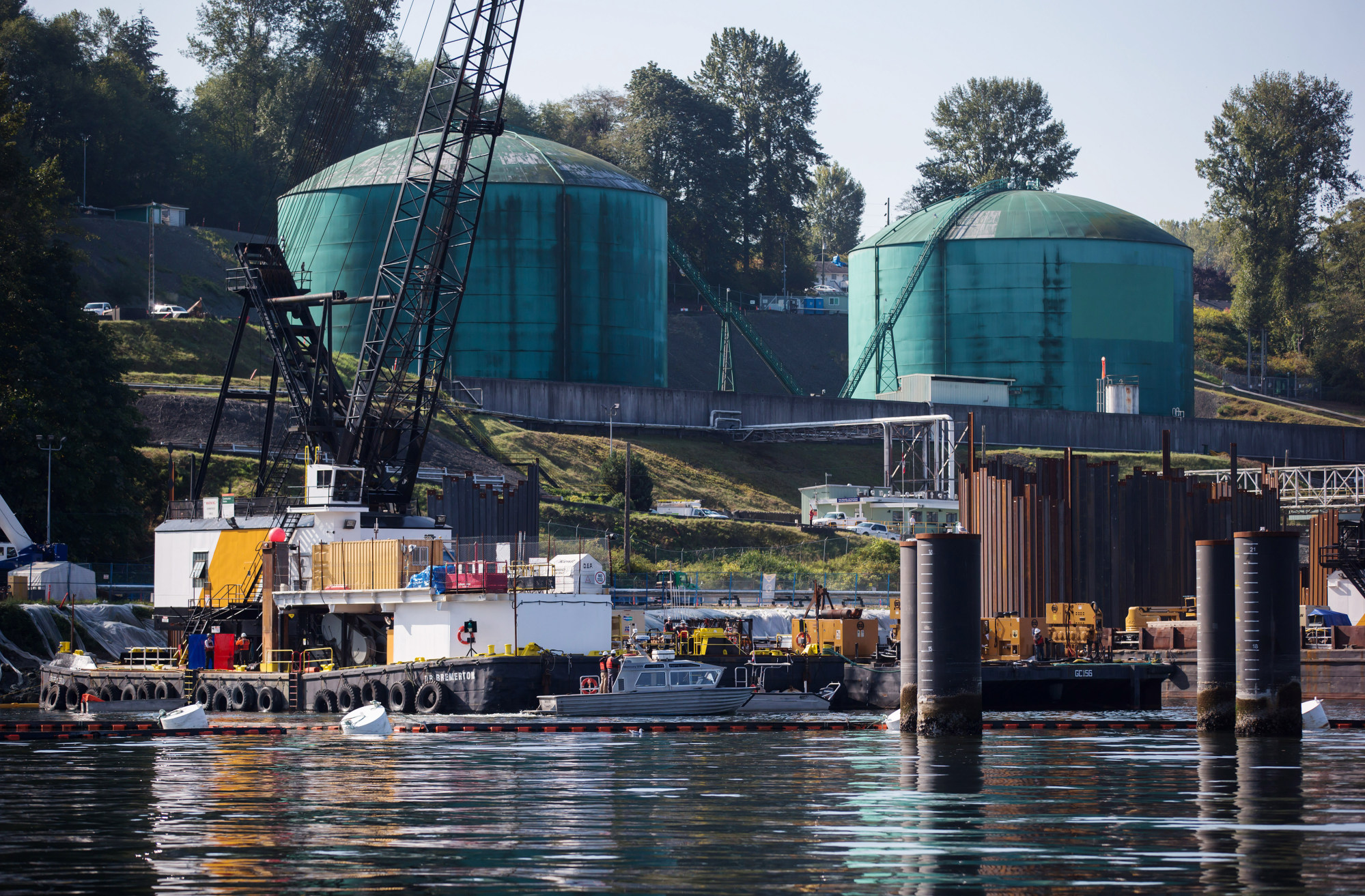 Oil storage tanks sit at the end of the Trans Mountain pipeline in Burnaby, British Columbia,.