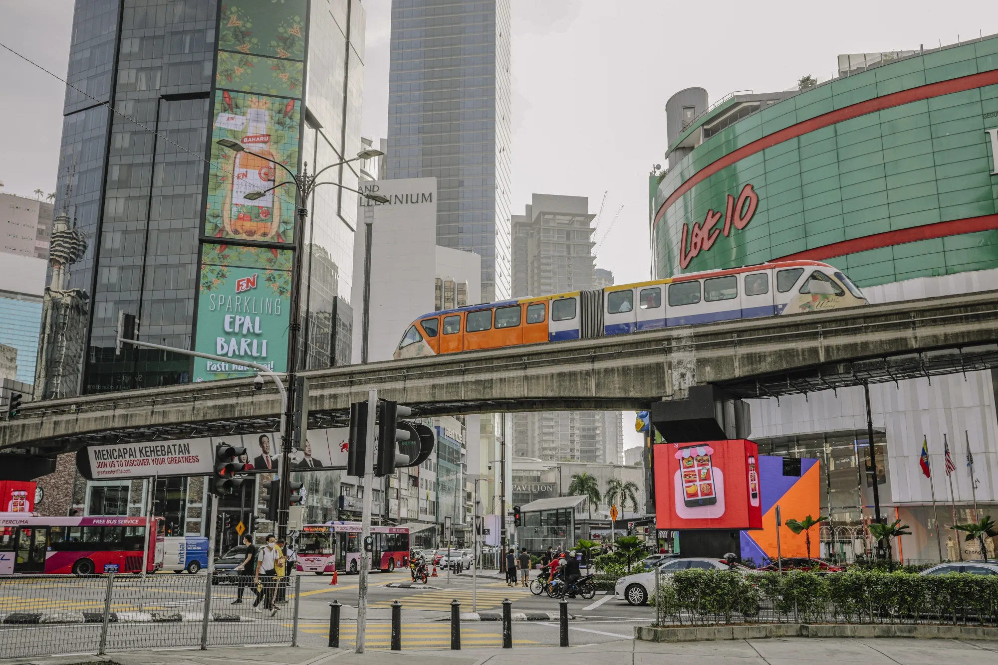 A monorail train travels through central Kuala Lumpur, Malaysia.