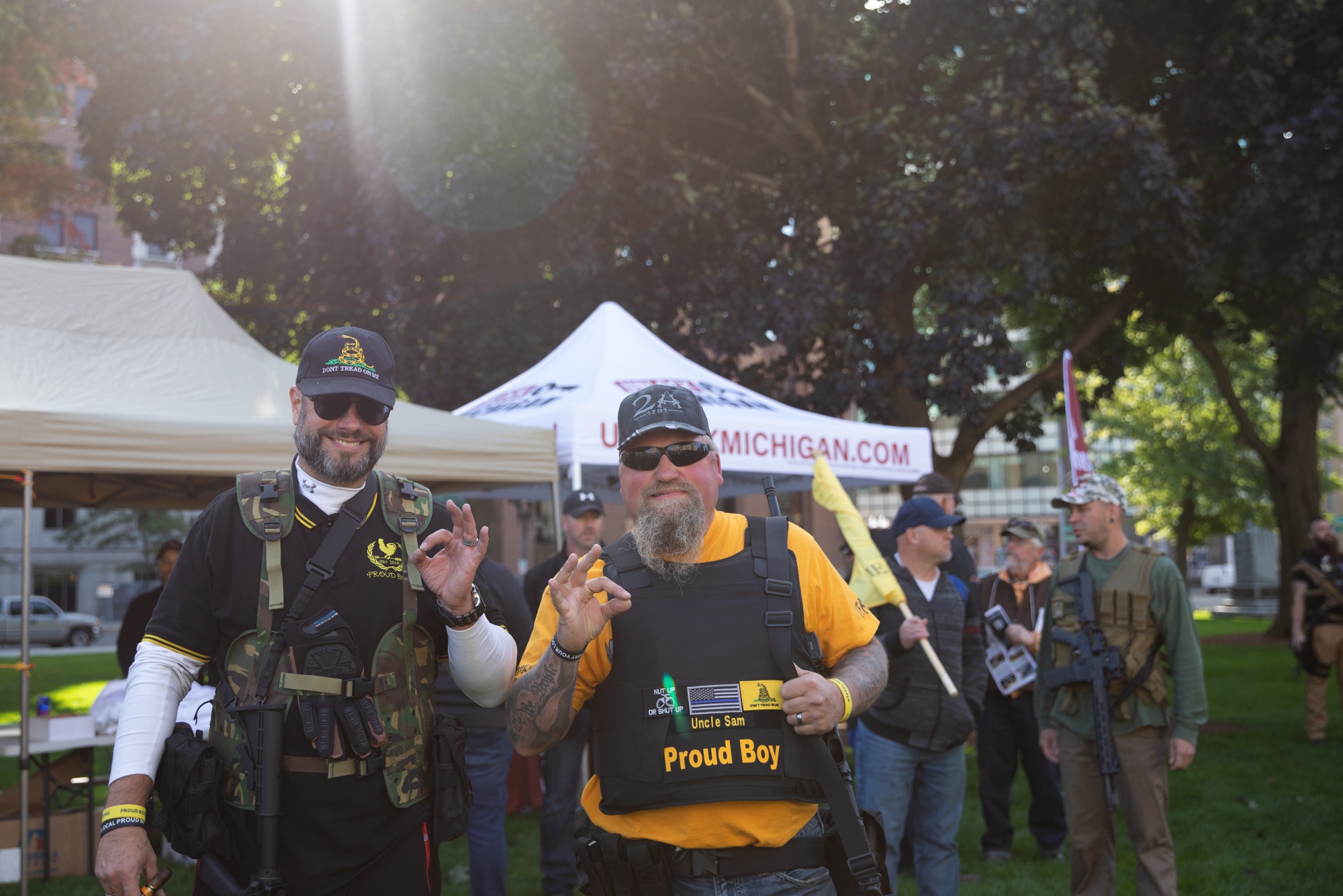 Demonstrators who identify as Proud Boys gesture during a Second Amendment March in Lansing, Michigan, U.S., on&nbsp;Sept. 17.