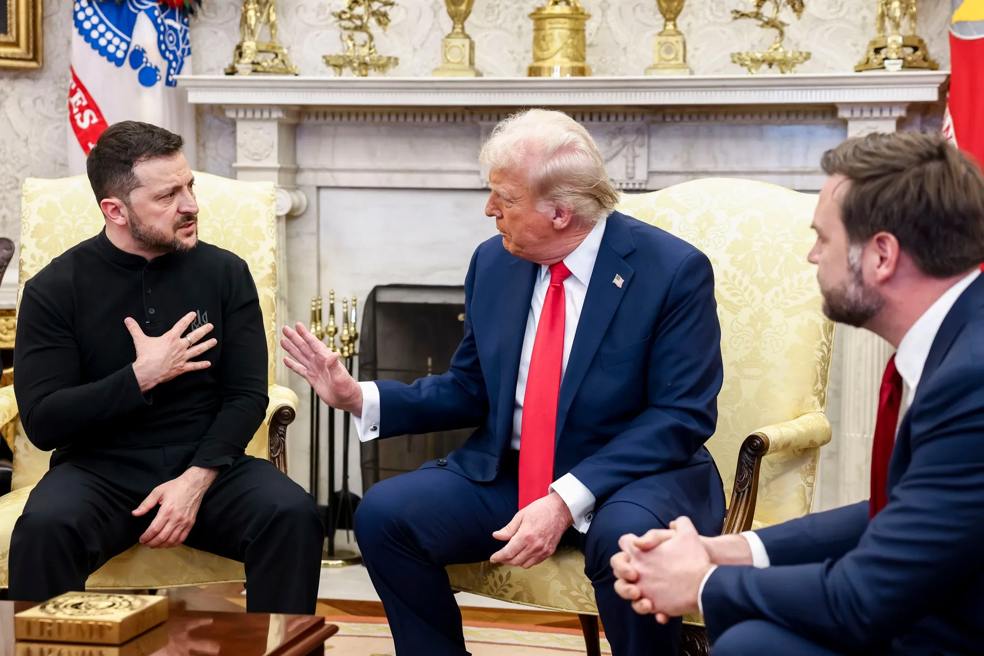 Presidents Zelenskiy and Trump with Vice President JD Vance looking on.
Photographer: Jim Lo Scalzo/EPA