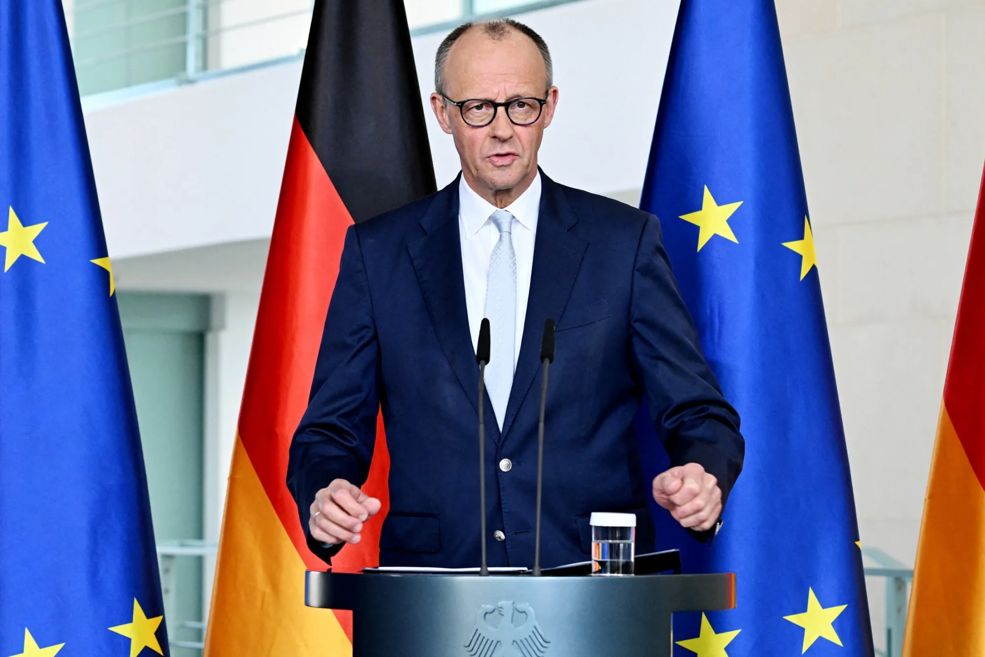 Friedrich Merz speaks during a news conference in Berlin, on April 9.