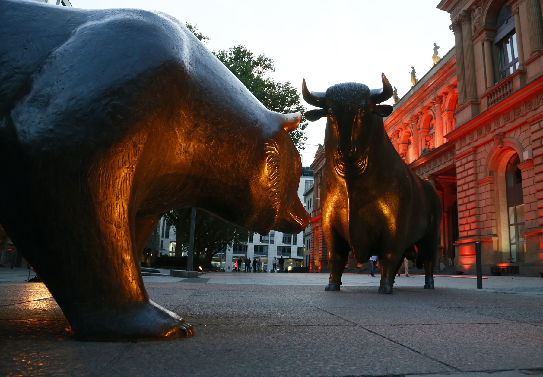 Bull & Beer Statues as European Stock Advance Off the Frankfurt Stock Exchange