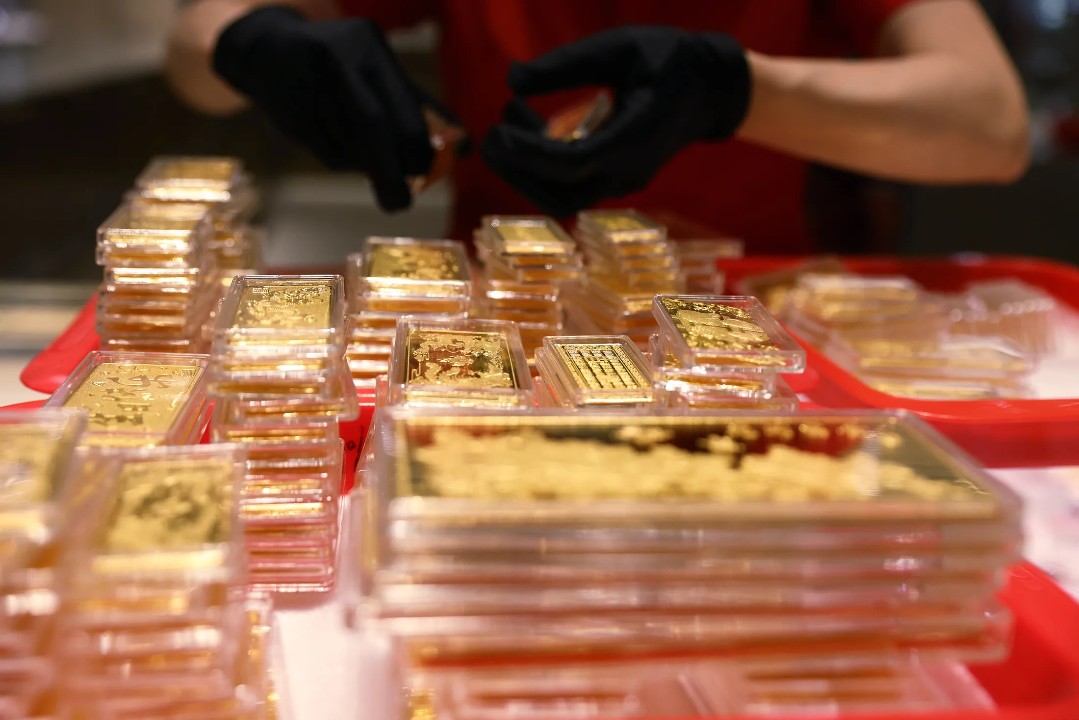 Gold bars on display at a jewelry store&nbsp;in Hangzhou, China.