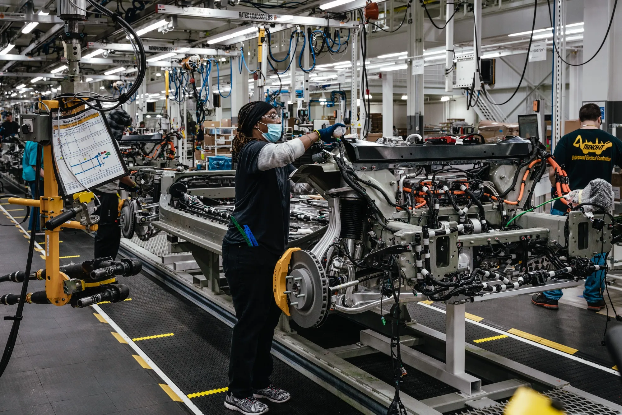 Workers at the Rivian R1T manufacturing facility in Normal, Illinois.&nbsp;