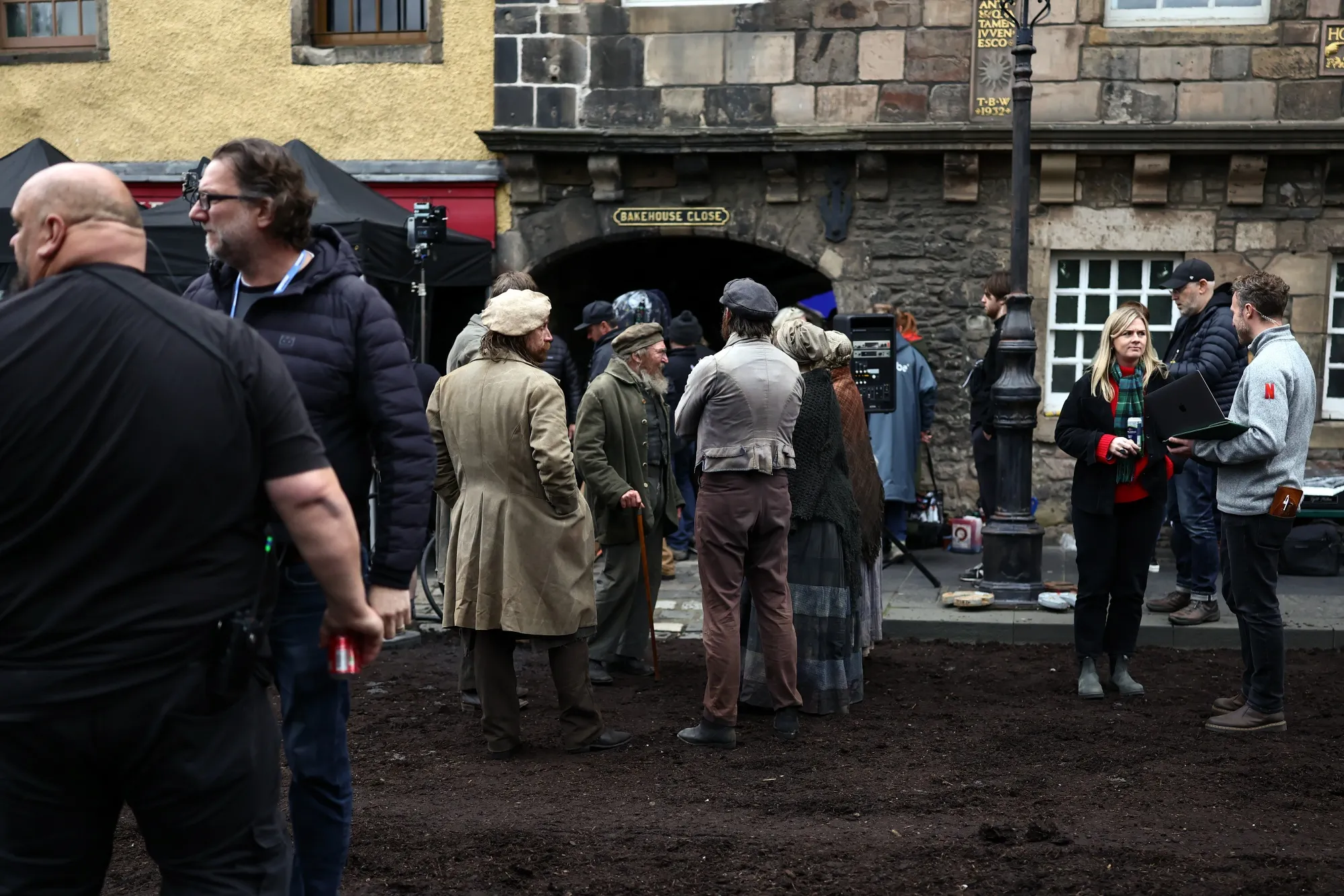Cast extras and crew&nbsp;on set of the Netflix film adaptation of Mary Shelley’s Frankenstein by Guillermo del Toro, in Edinburgh, in 2024.