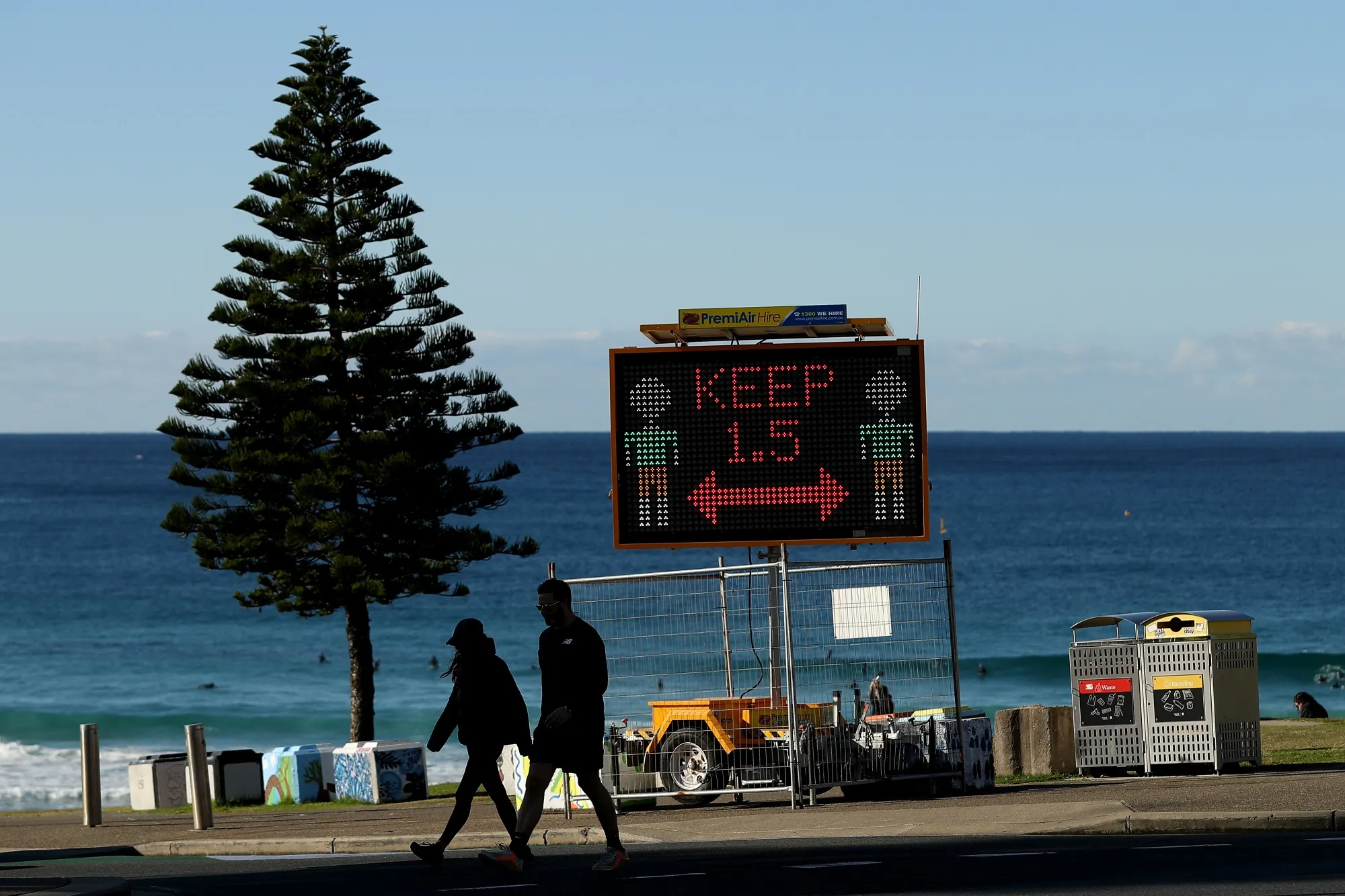 A Covid-19 public health order sign for social distancing on Bondi Beach on July 4.