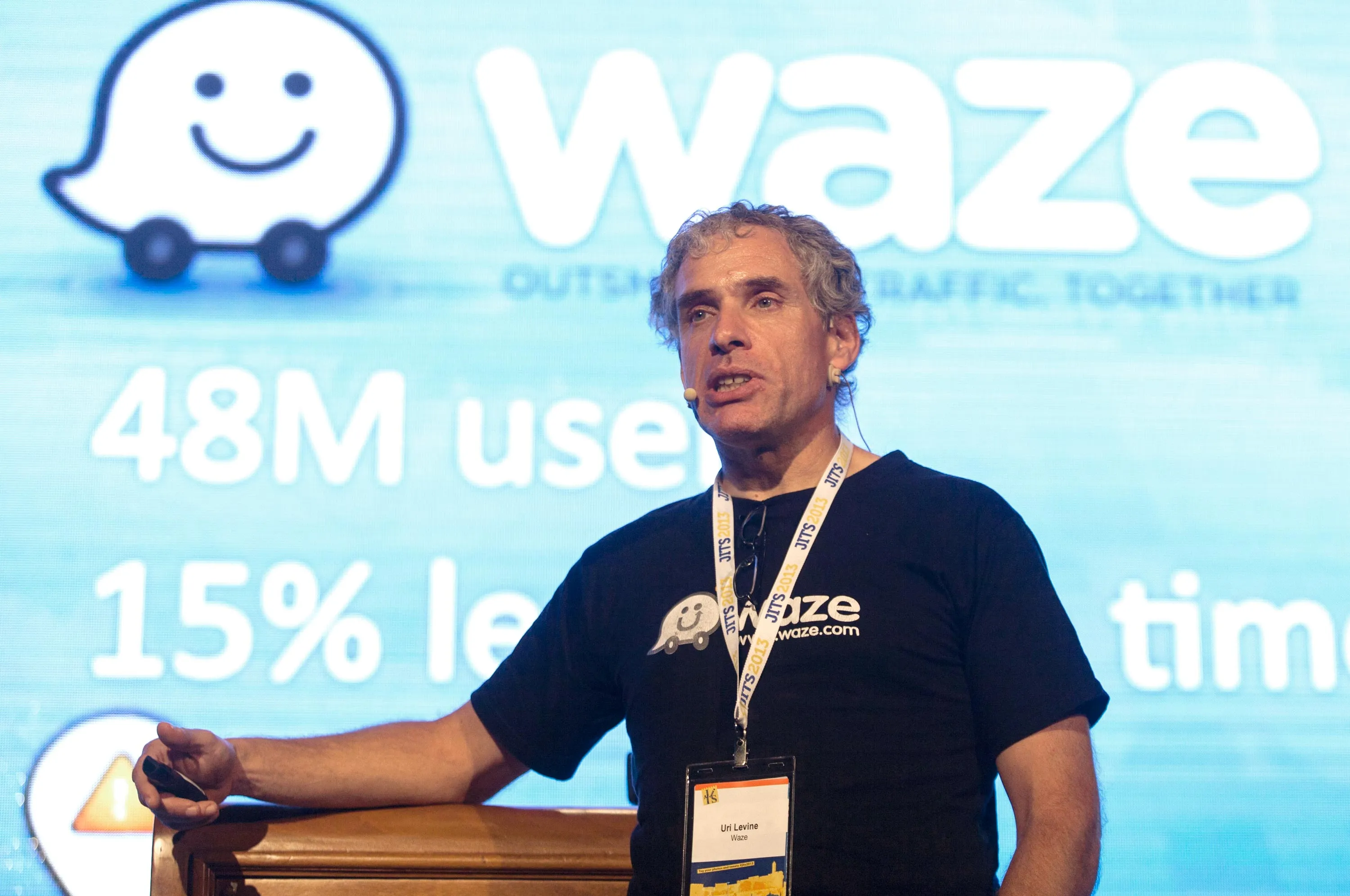 Uri Levine, as co-founder and president of Waze, an Israeli mobile satellite navigation application, speaks during The Second Jerusalem International Tourism Summit on May 28, 2013.