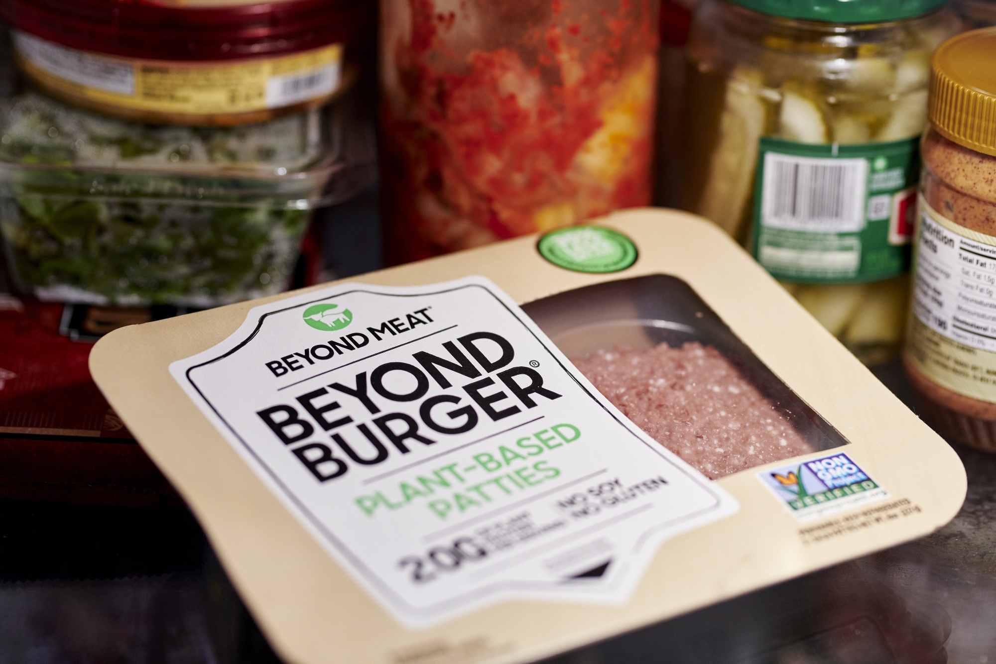 A package of Beyond Meat burger patties arranged in the Brooklyn borough of New York.