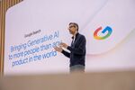 TOPSHOT - Google CEO Sundar Pichai addresses the crowd during Google's annual I/O developers conference in Mountain View, California on May 20, 2025. (Photo by Camille Cohen / AFP) (Photo by CAMILLE COHEN/AFP via Getty Images)