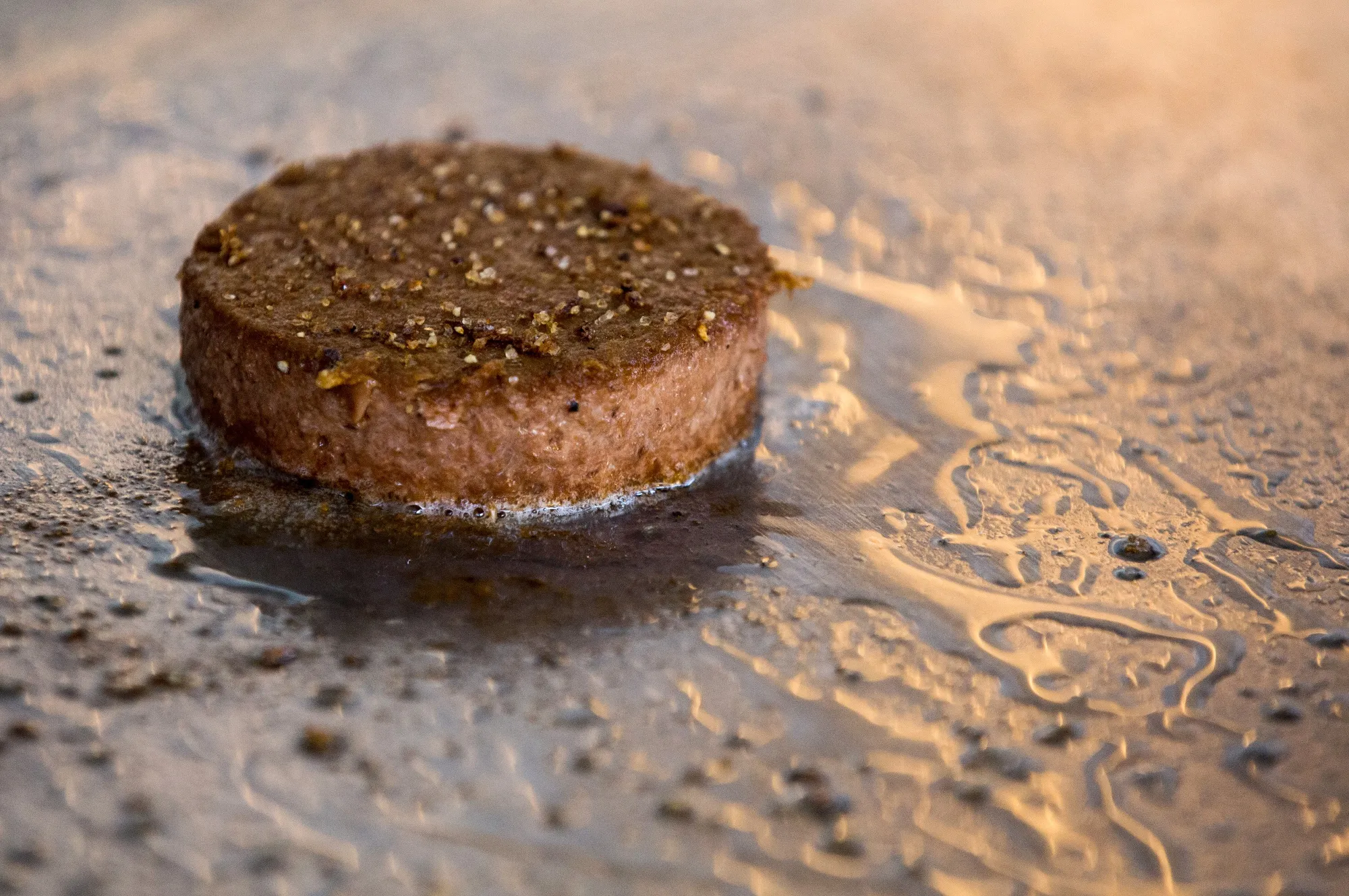 A seasoned Beyond Meat plant-based burger patty.