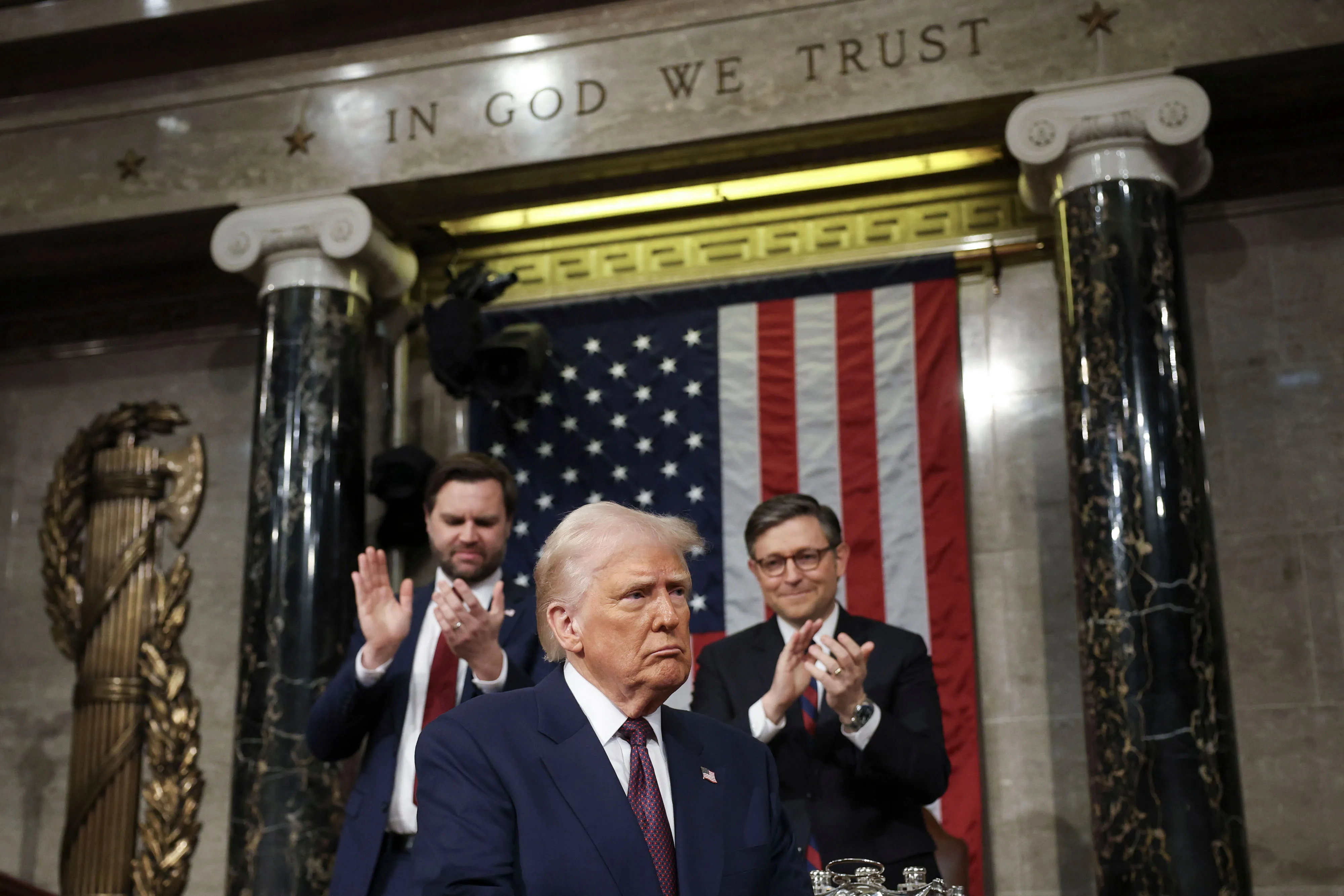 US Vice President JD Vance, from left, US President Donald Trump, and US House Speaker Mike Johnson during a joint session of Congress in the House Chamber on March 4.
