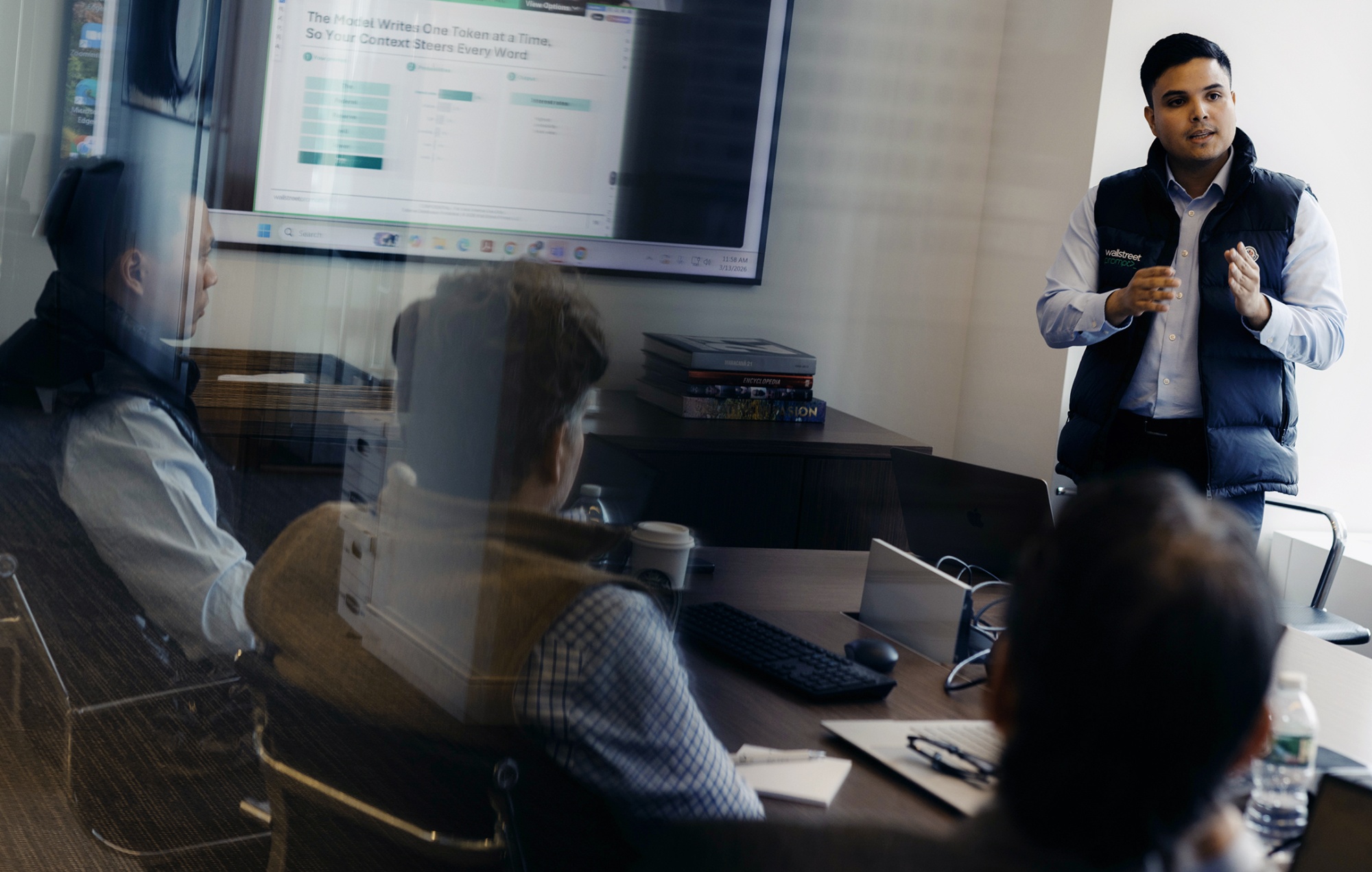 Felipe Sinisterra, a former SoftBank fund manager turned AI trainers, gives a class on AI workflow to members of Valor Capital Group at their offices at 10 E 53rd St., Manhattan, New York, US, on Friday, March 13, 2026. Photographer: José A. Alvarado Jr./Bloomberg