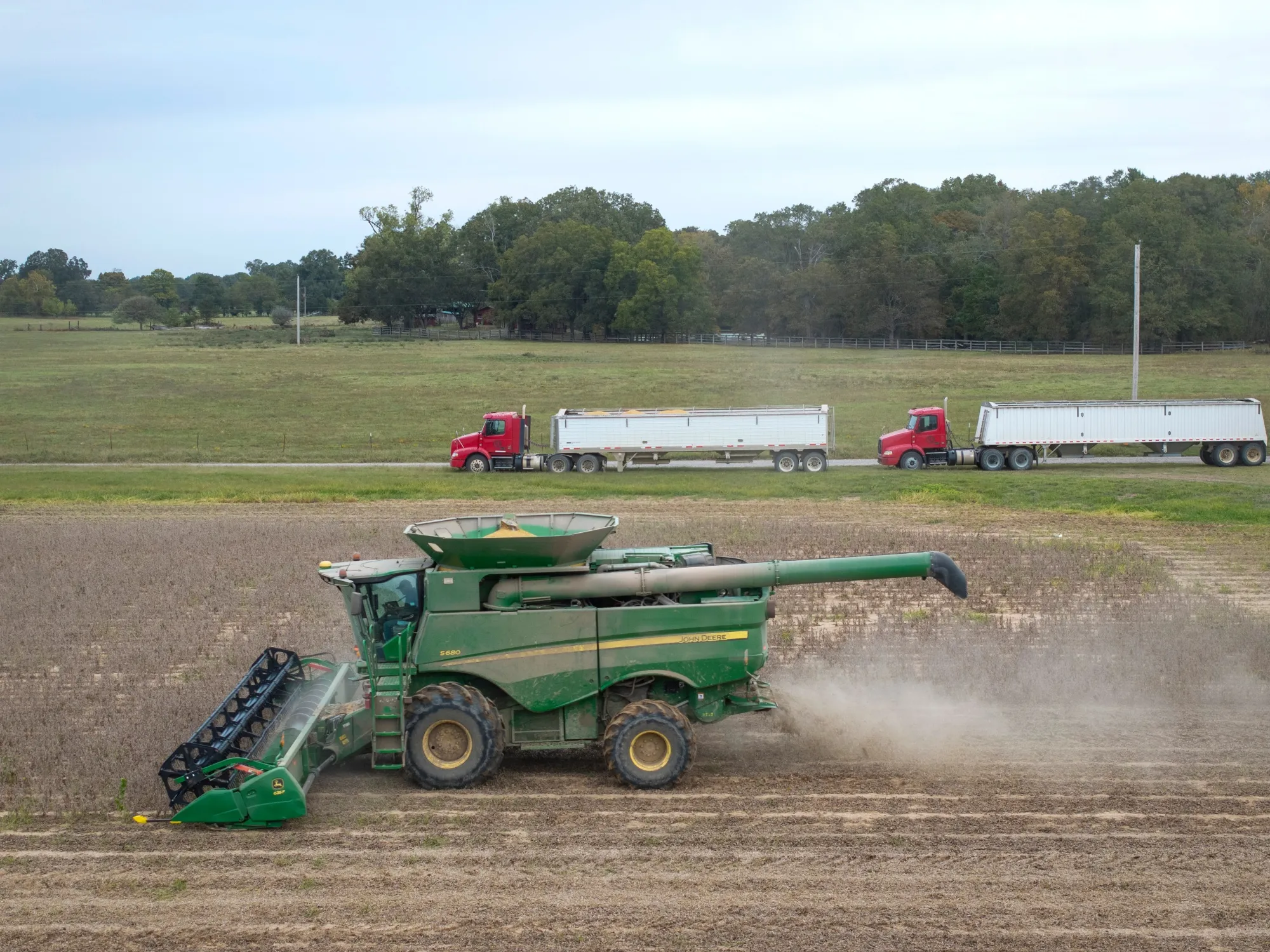 A combine harvester during a soybean harvest on a farm near Gregory, Arkansas.