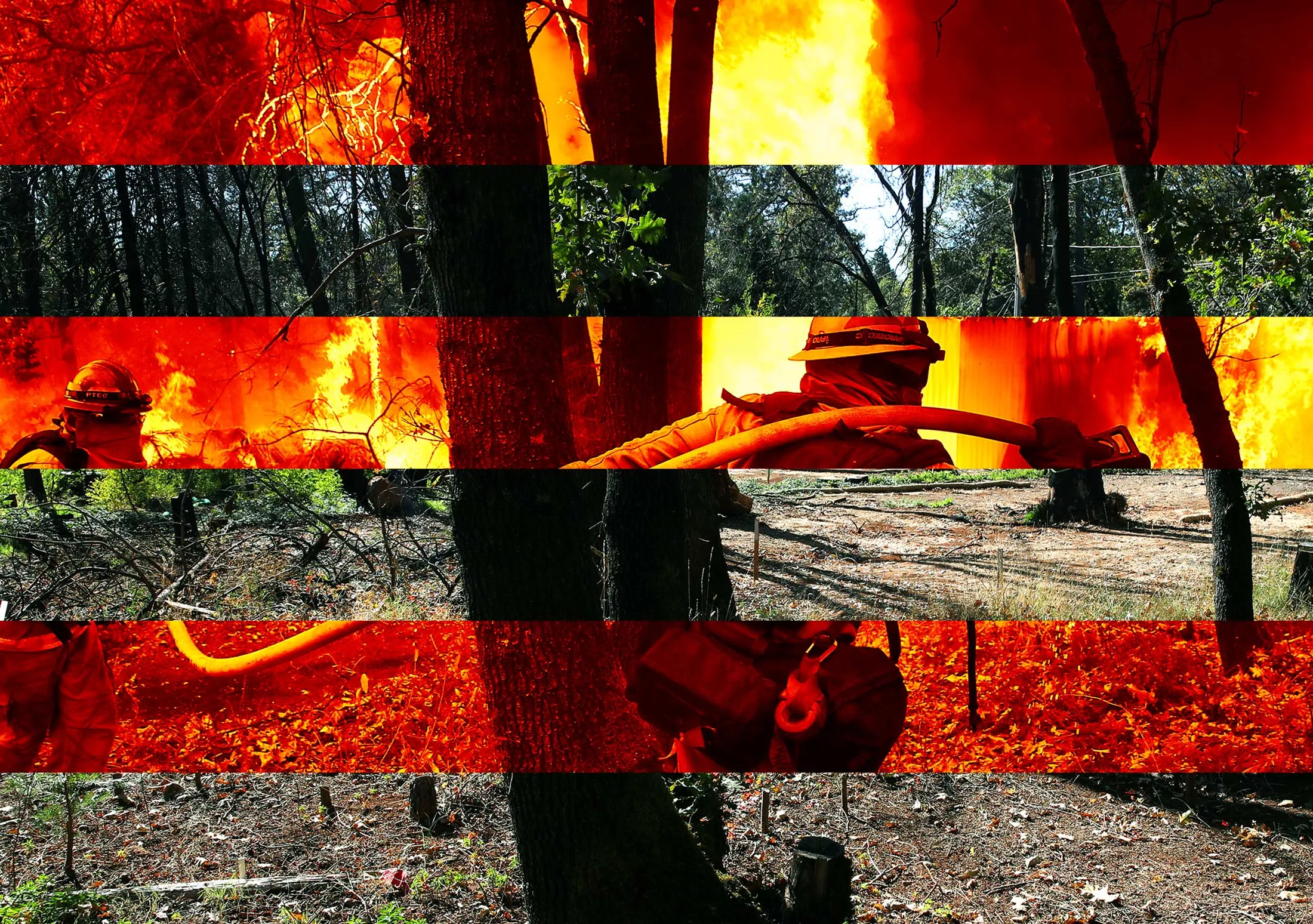 Composite of two photos showing an area of Magalia, Calif., hit by&nbsp;the 2018 Camp Fire and the land after nearly a year later.