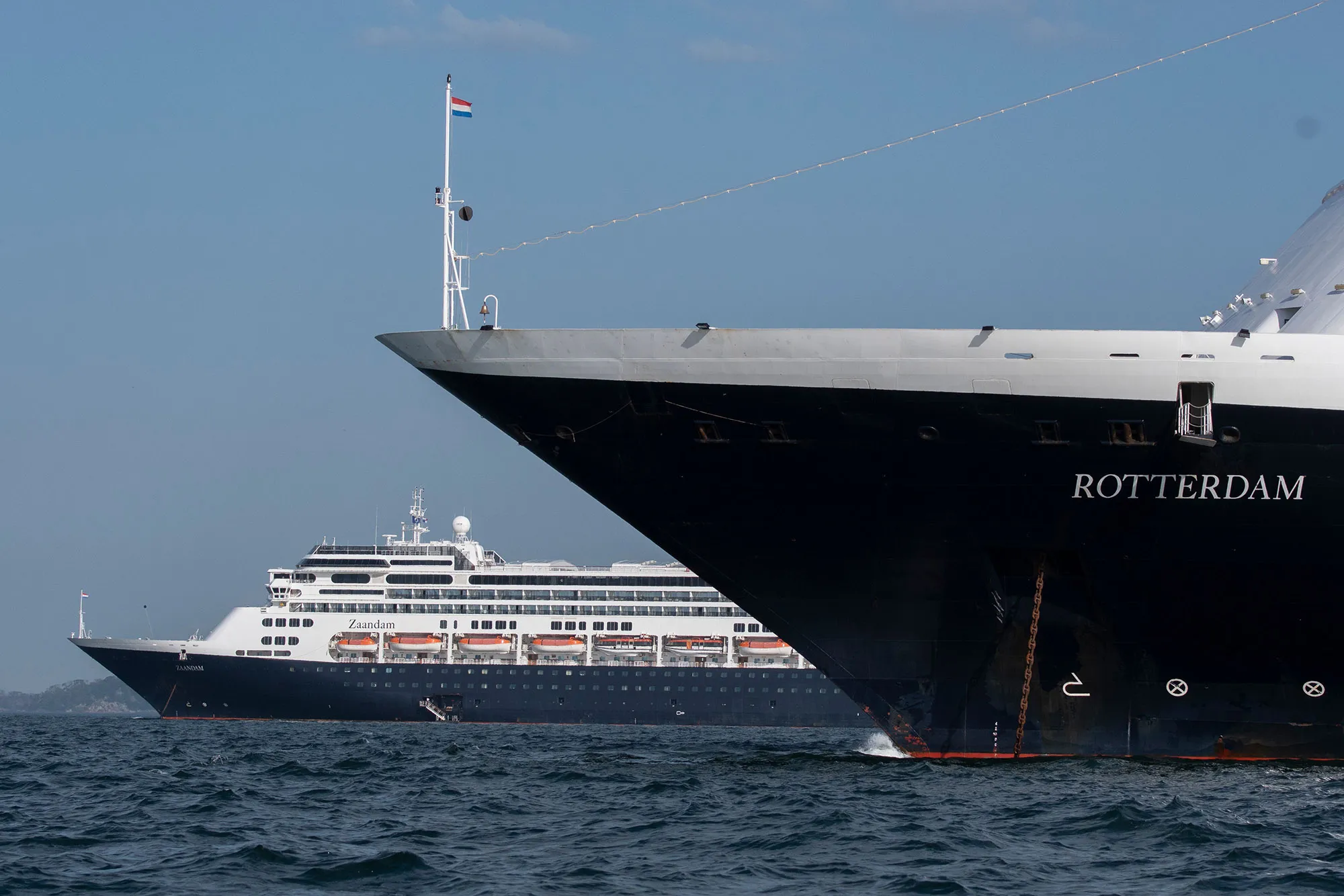 Holland America's cruise ships the Zaandam, left, and the Rotterdam are seen in Panama City bay on March 28.