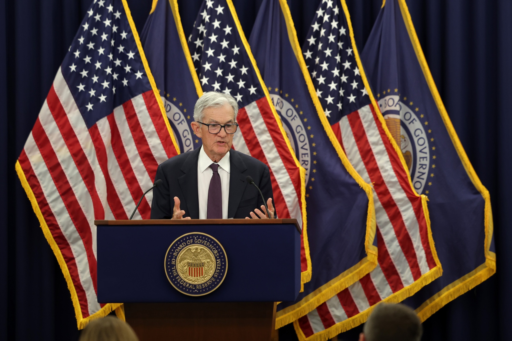 Federal Reserve Chair Jerome Powell speaks during a press conference following the Federal Open Markets Committee meeting at the Federal Reserve in Washington on Jan. 28. Photographer: Kevin Dietsch/Getty Images