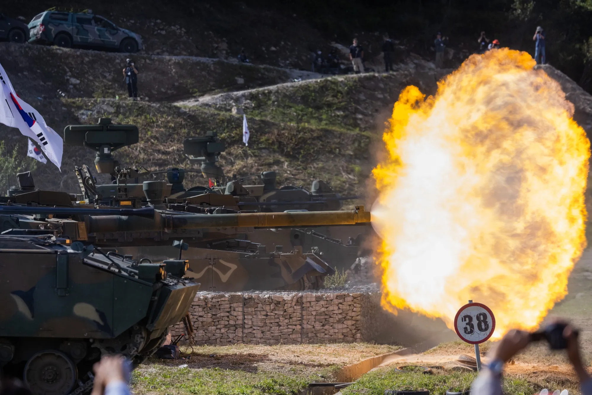 A South Korean K-2 battle tank&nbsp;during a live-fire exercise at the Defense Expo Korea 2022 at a military base in Pocheon, South Korea, on&nbsp;Sept. 20.