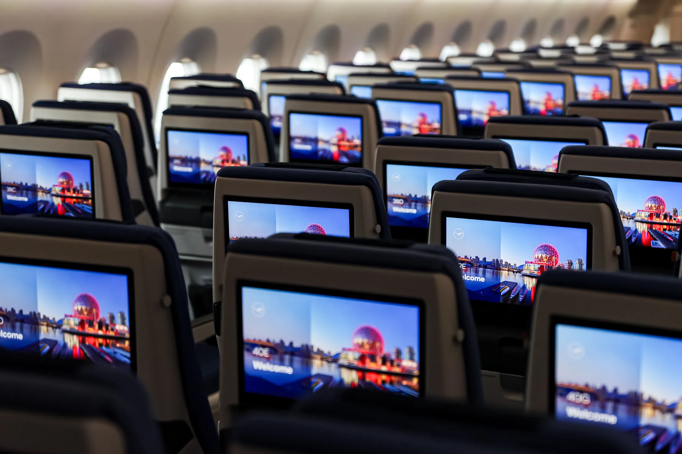 An economy class aircraft cabin.
