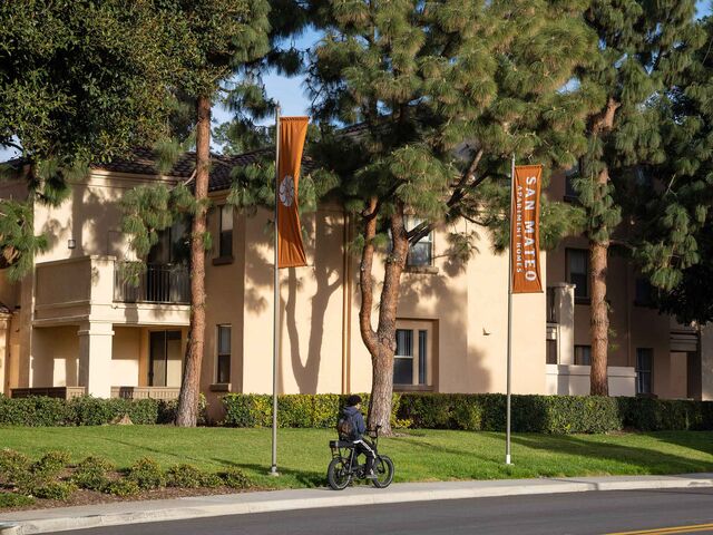 Irvine Co.’s “sunwave” logo on a flag at San Mateo Apartment Homes in Irvine.