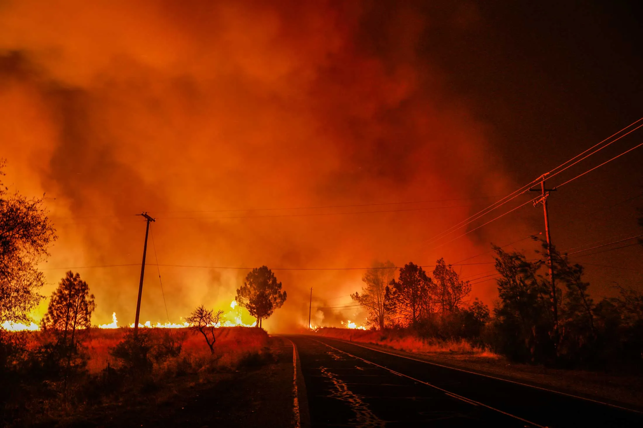 An escape route from the Camp Fire, south on Pentz Road in Paradise, Calif.&nbsp;