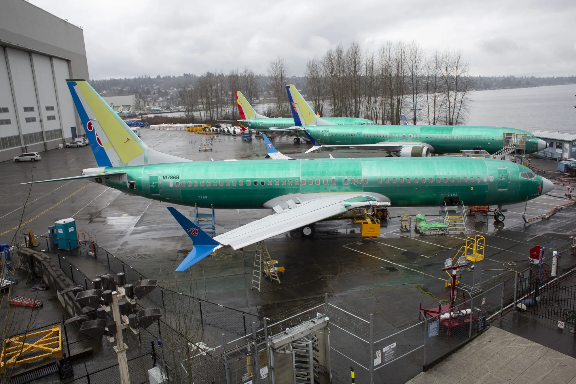 A 737 Max 8 plane at the Boeing Co. manufacturing facility in Renton.