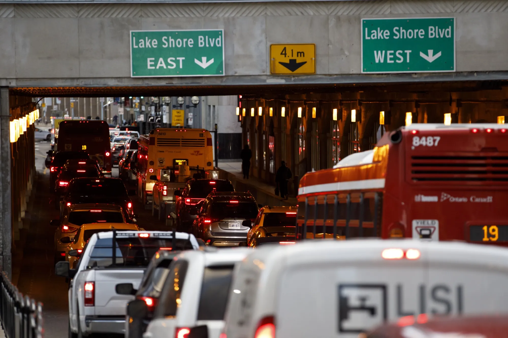 Evening traffic in the financial district in Toronto. 