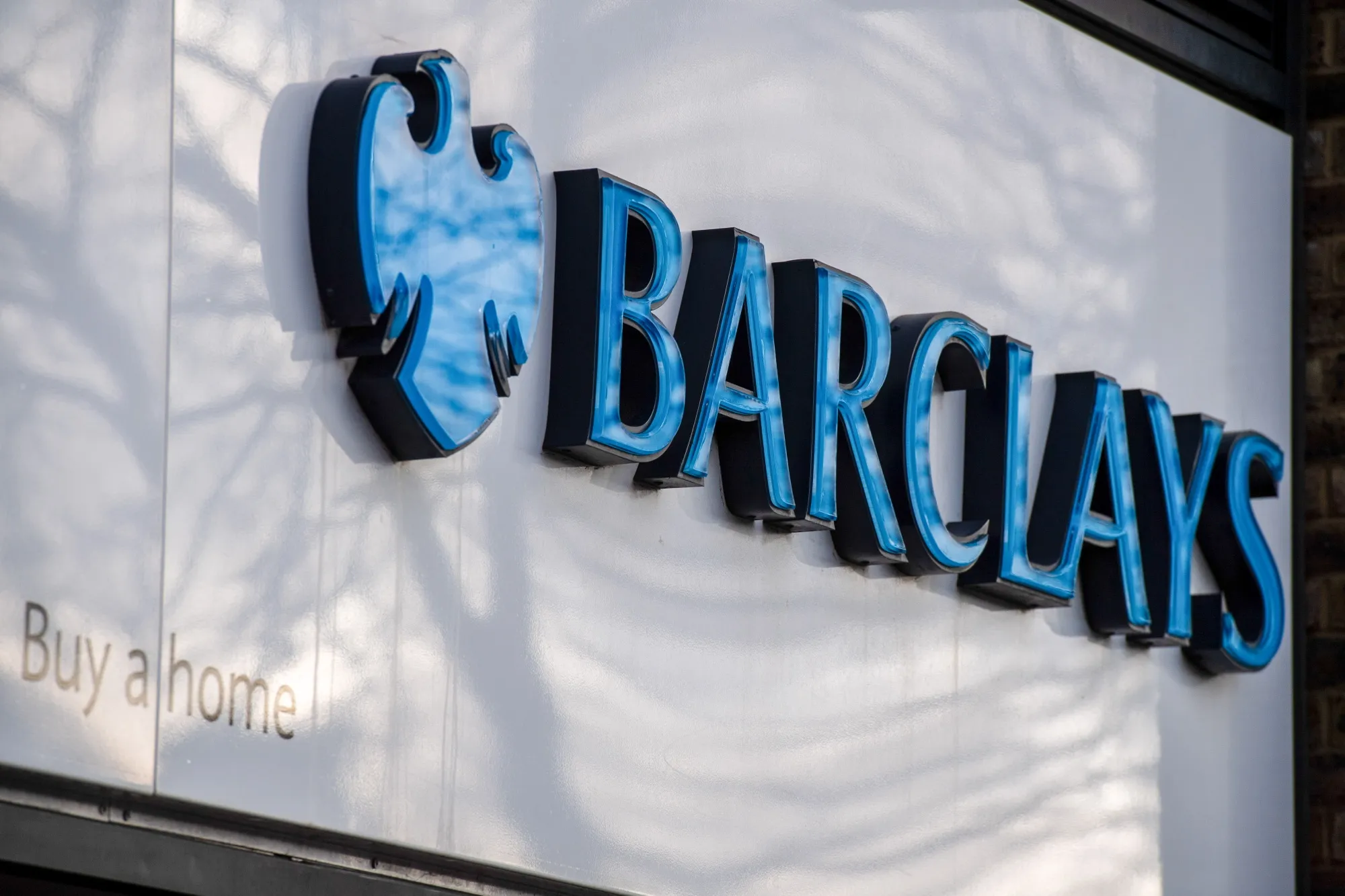 A logo outside a Barclays Plc bank branch in Woolwich, London, UK, on Friday, Feb. 9, 2024.
