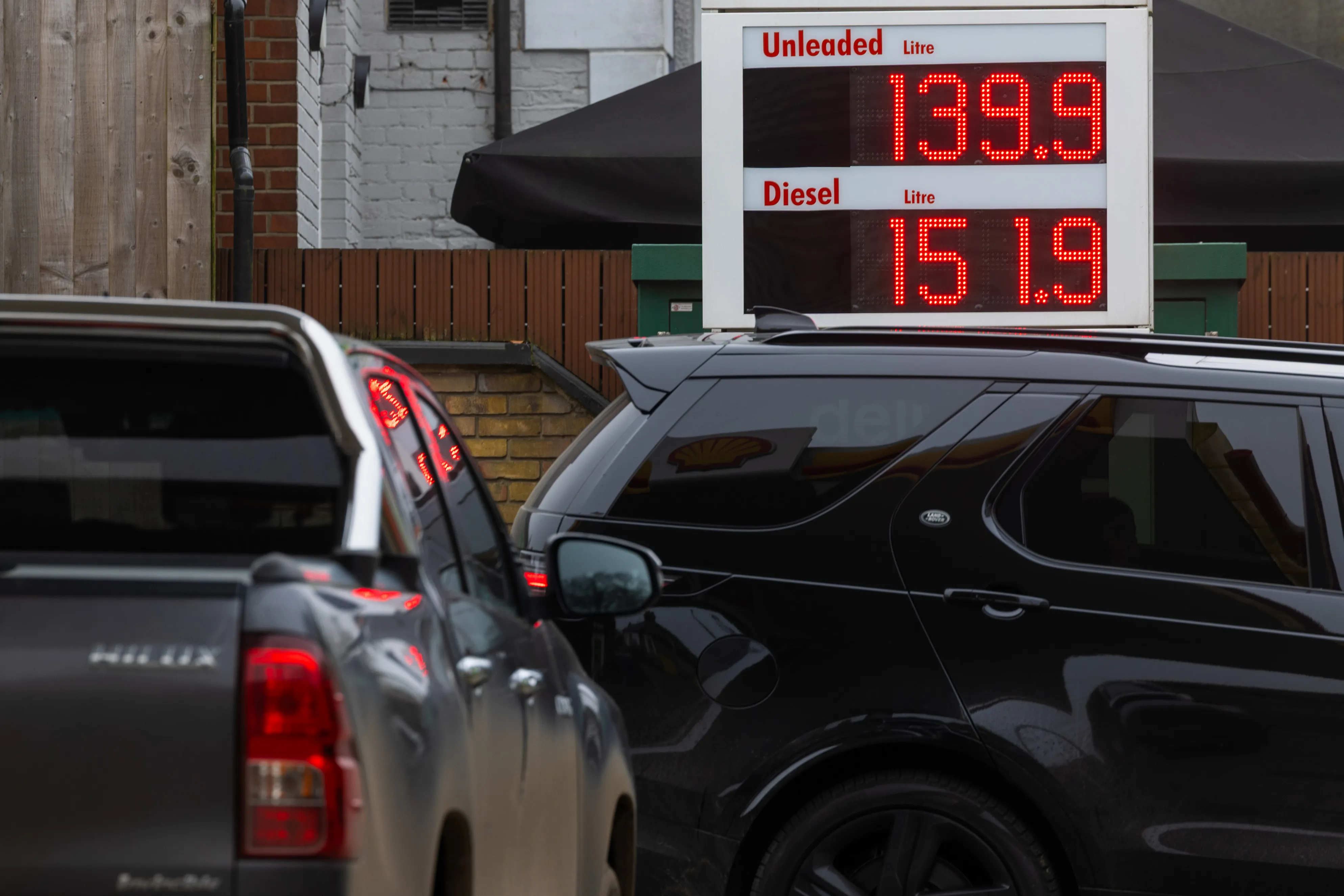 Fuel prices at a petrol station in Brentwood, UK.
