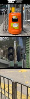 Objects around the city that have been modified, compared with the original. Metal trash can has been converted into plastic bags; traffic lights reinforced with mesh; and rail guards further secured with bolts.