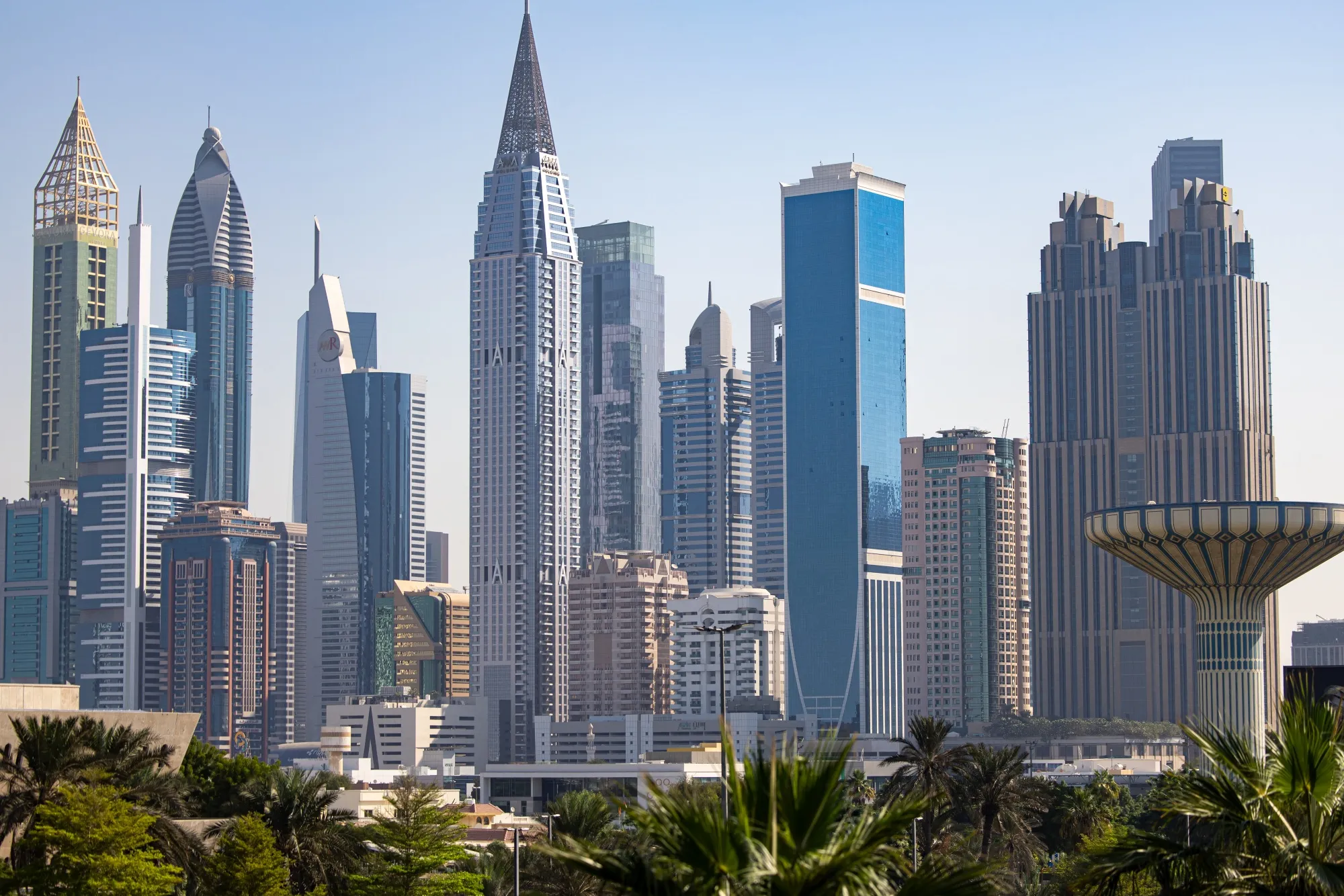 Skyscrapers on the city skyline in Dubai, United Arab Emirates