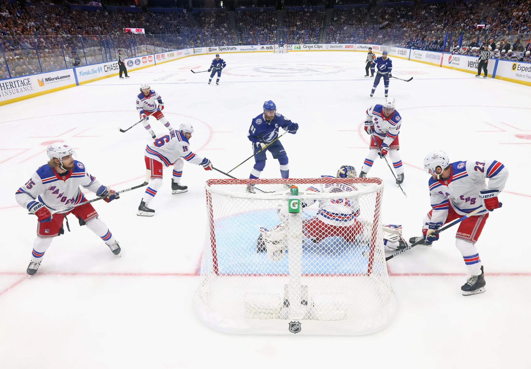 The New York Rangers defend against Steven Stamkos (in blue) of the Tampa Bay Lightning in Game 3 of the Eastern Conference Final&nbsp;at Tampa’s Amalie Arena on June 5.