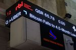A news ticker displays Bitcoin news at the New York Stock Exchange (NYSE) in New York, US, on Tuesday, Nov. 4, 2025.