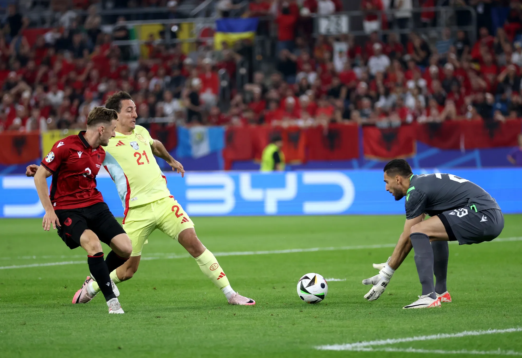 BYD branding during the Euro 2024 Spain-Albania match in Dusseldorf, Germany on June 24.