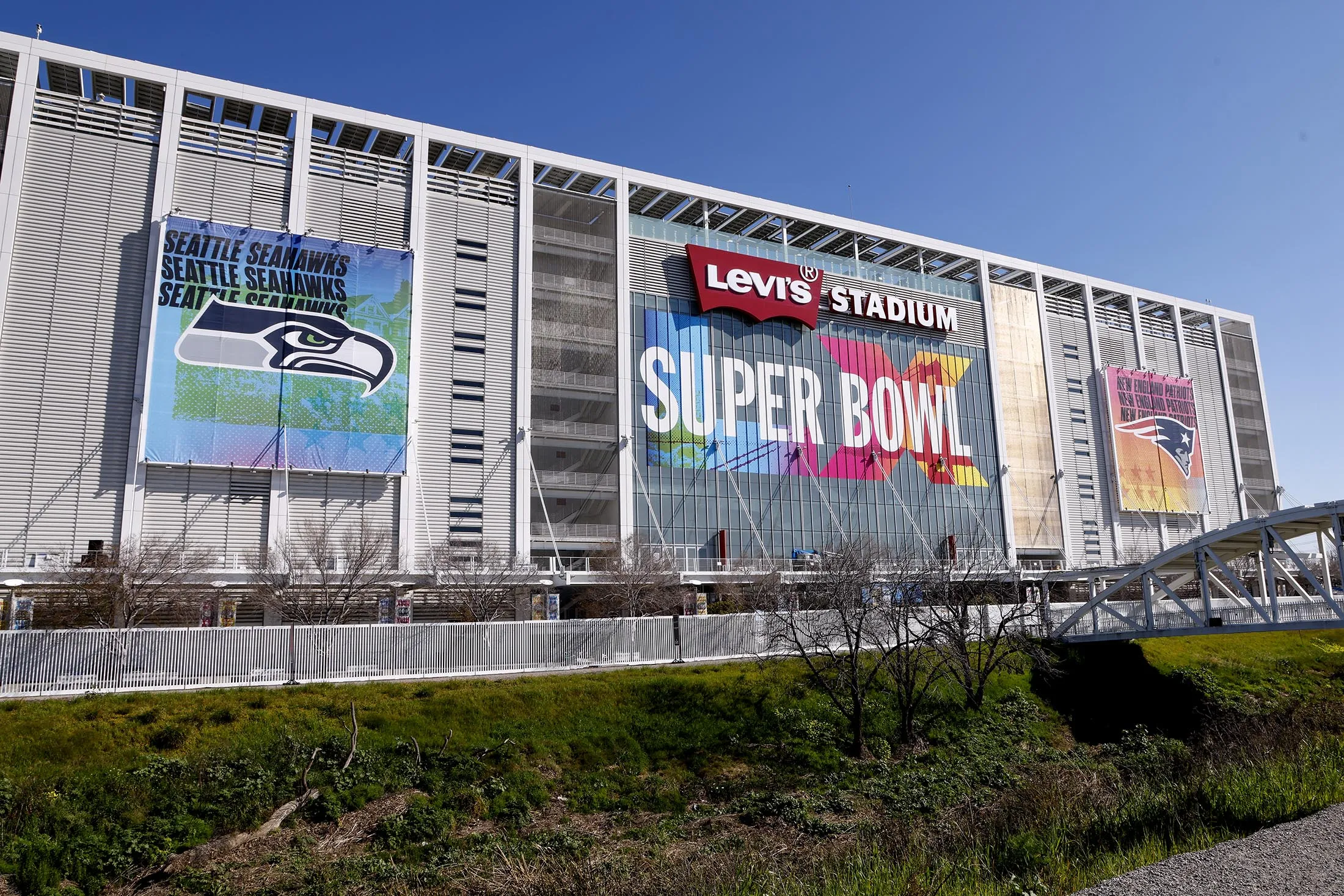 Levi’s Stadium with the Seattle Seahawks and New England Patriots banners prior to Super Bowl LX in Santa Clara, California.