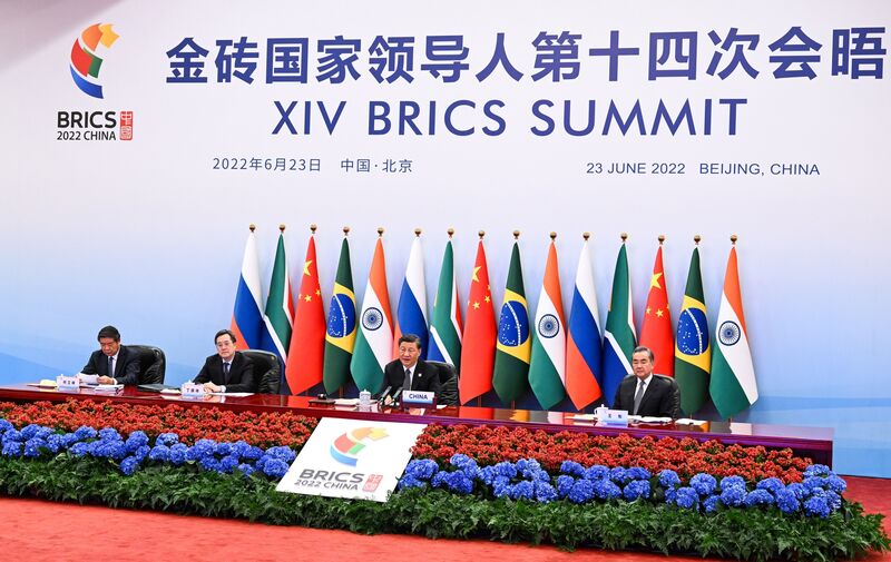 President Xi Jinping hosts the BRICS Summit via video link in Beijing, China, in 2022.