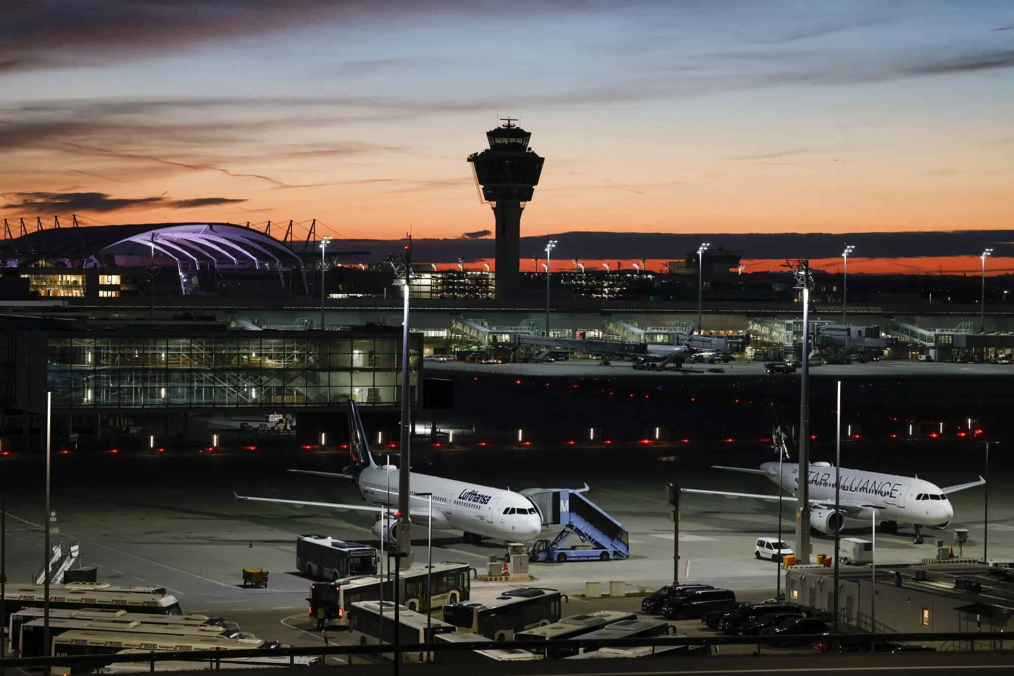 Passenger aircraft at Munich International Airport, Germany.