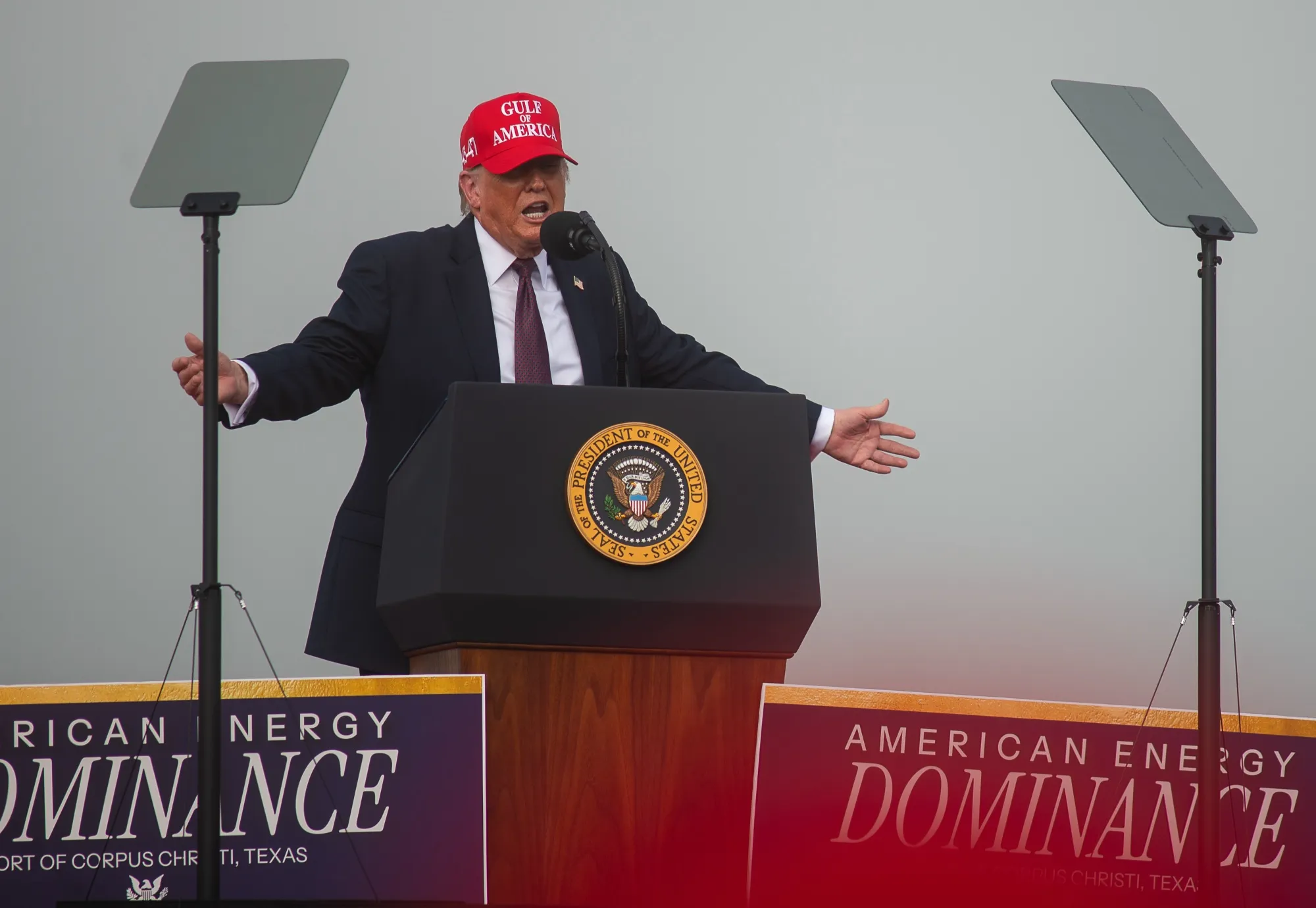 US President Donald Trump speaks at the Port of Corpus Christi in Corpus Christi, Texas.
