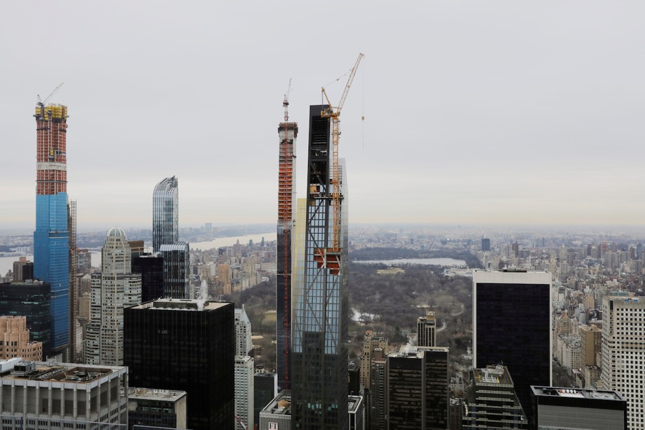 The new ultra-tall towers Central Park Tower, 111 W 57th Street, and 53W53 being constructed just south of Central Park in New York City.