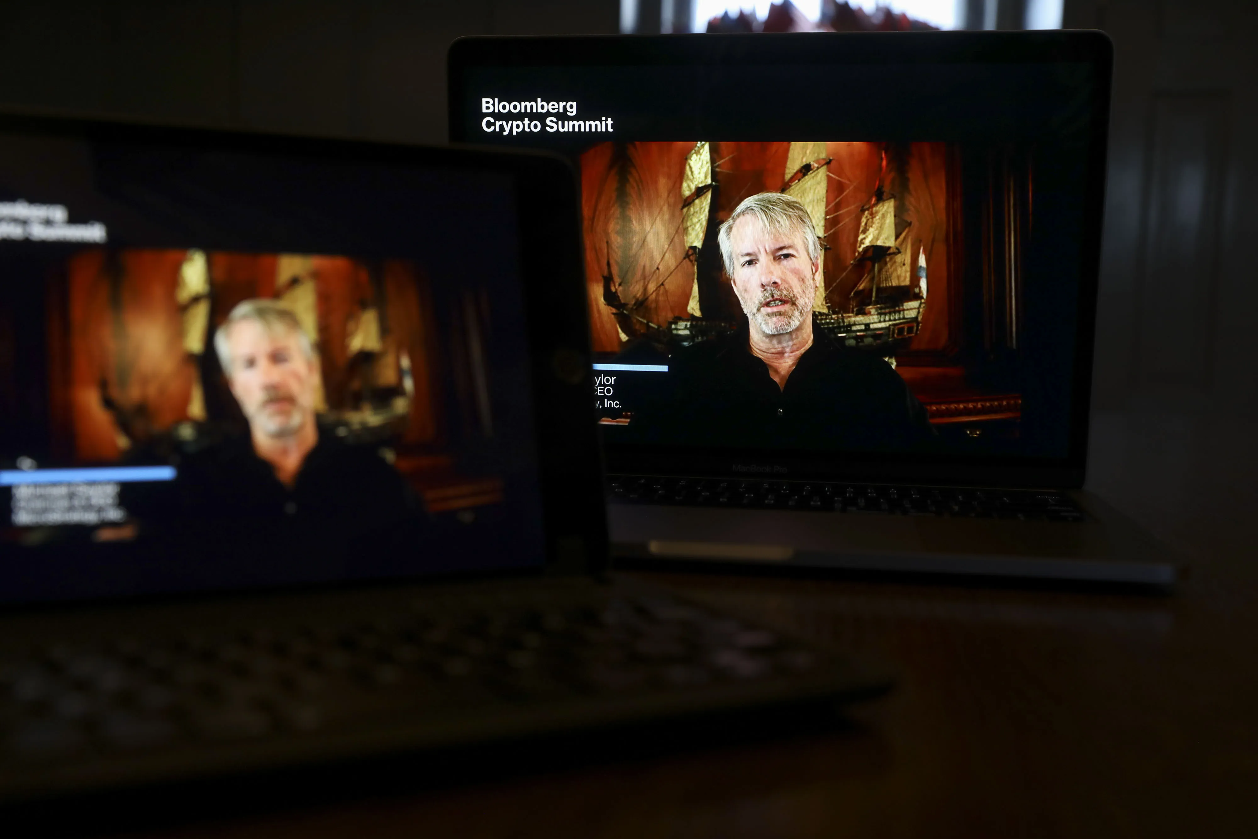 Michael Saylor speaks virtually during the Bloomberg Crypto Summit on Feb. 25.