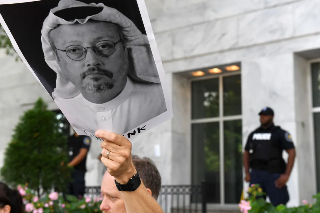 A demonstrator holds a poster during a rally about the disappearance of Washington Post journalist, Jamal Khashoggi outside the Embassy of Saudi Arabia on&nbsp; in Washington, D.C. on Oct. 10.&nbsp;