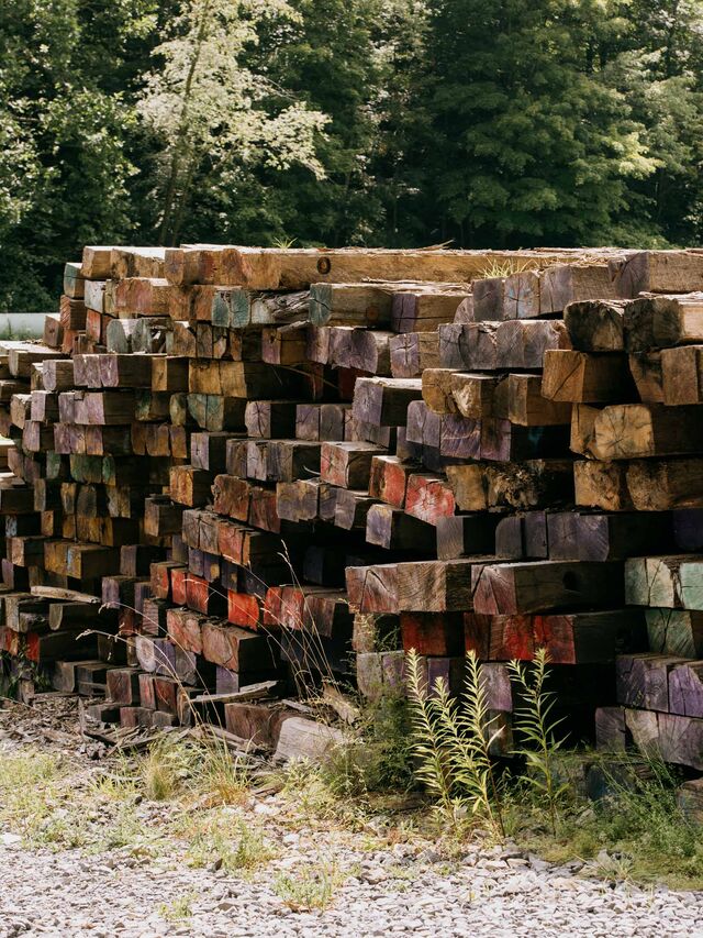 Big Issac, West Virginia (Doddridge County) Pieces of mats stacked alongside Meathouse Fork. The mats are required to prevent damage to the soil in the areas where heavy equipment is being moved adjacent to the pipeline right-of-way.