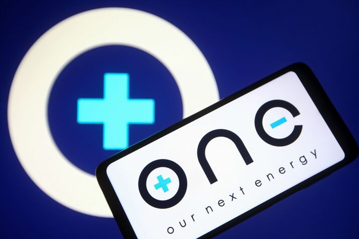 In this photo illustration, Our Next Energy Inc. (ONE) logo