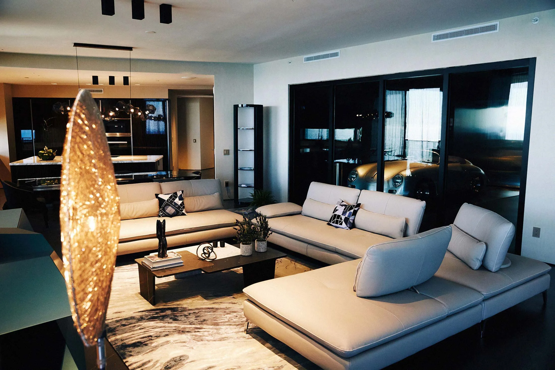 The Porsche Design Tower’s sky garages let residents show off their Porsches, like this Speedster.