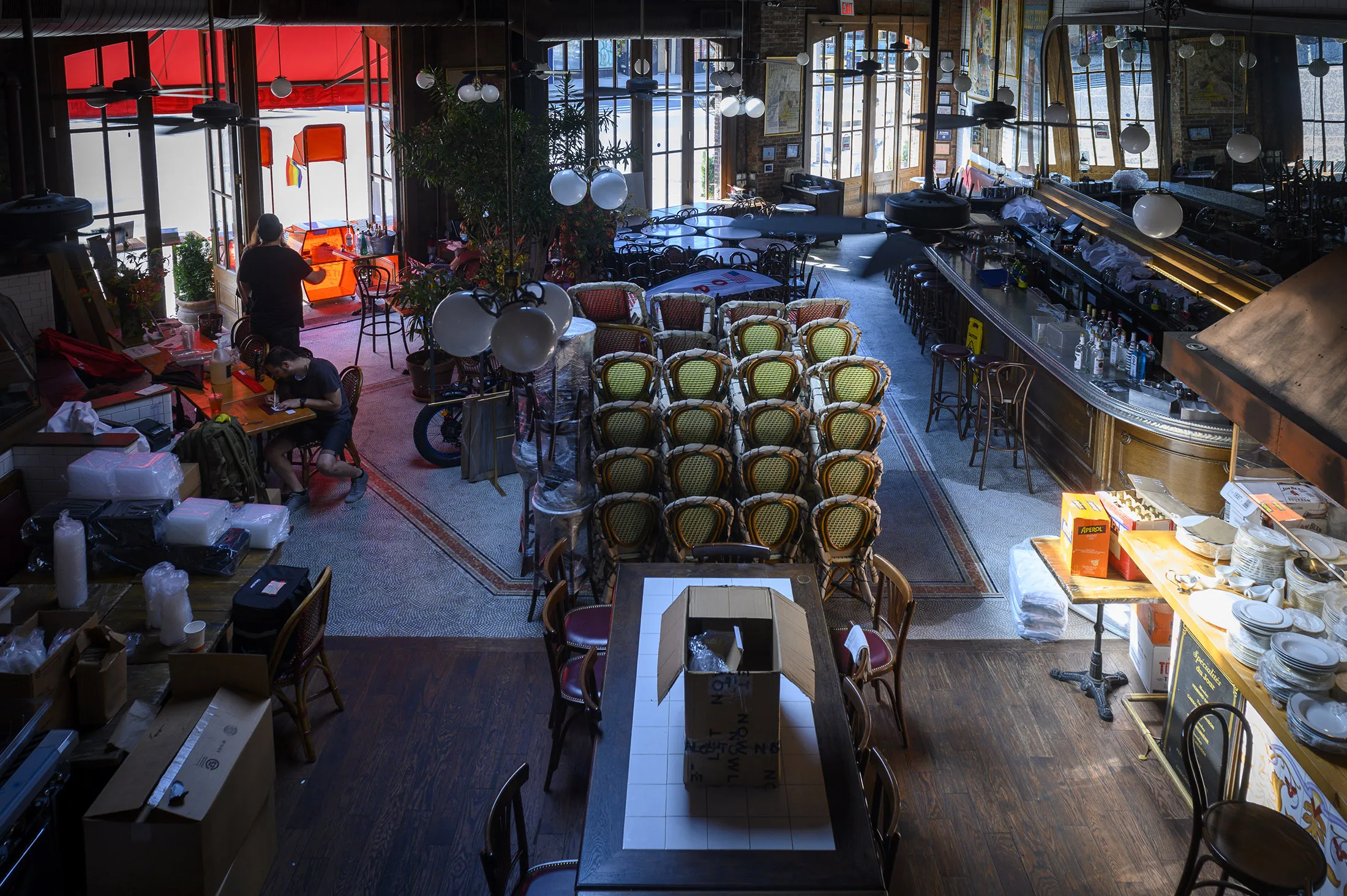Chairs for outdoor seating are stored&nbsp;in the indoor dining room of&nbsp;Boucherie restaurant in the West Village of New York.