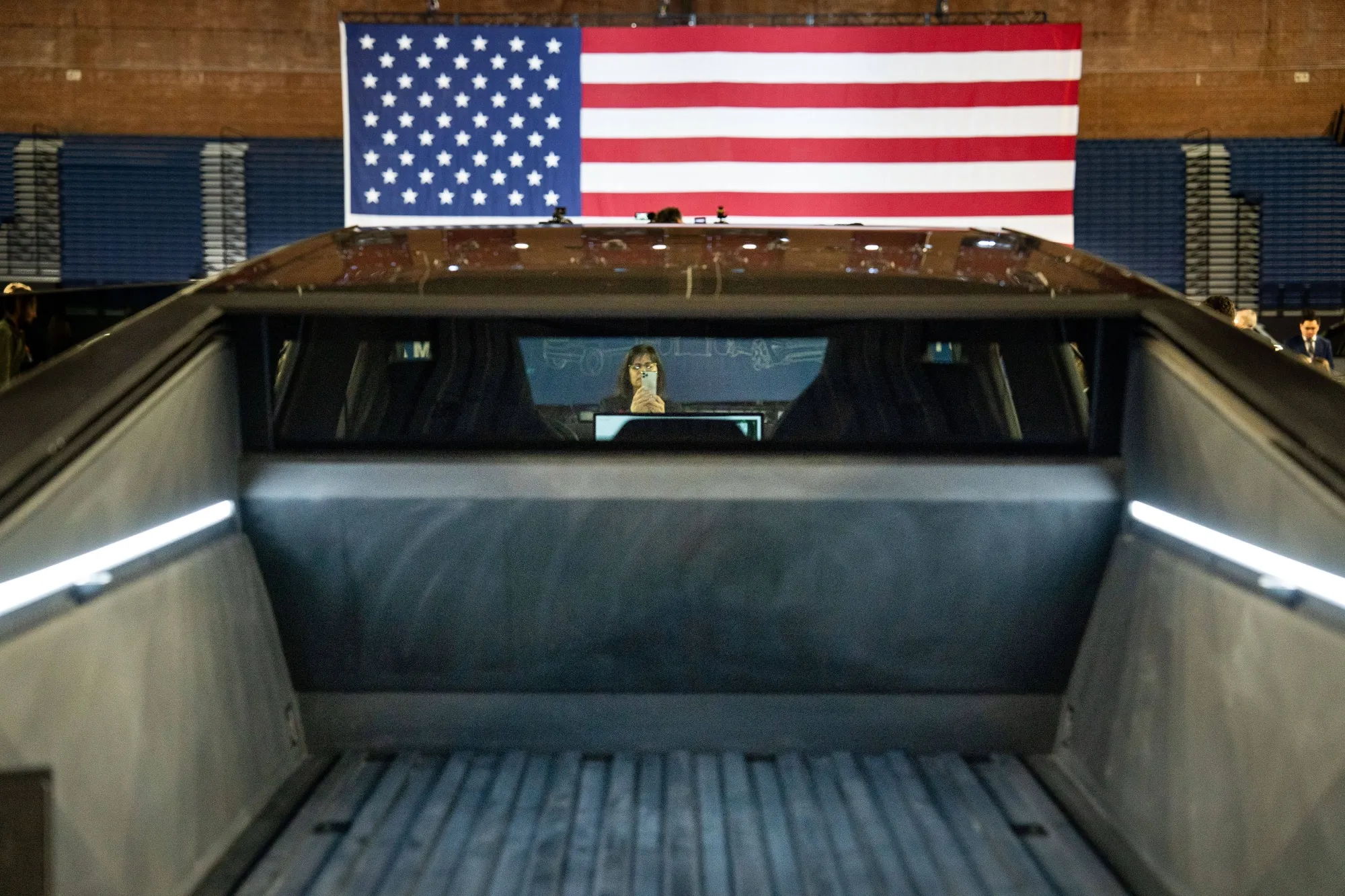 The view from the bed of a&nbsp;Tesla Cybertruck this March&nbsp;during an event at the DC Armory in Washington.