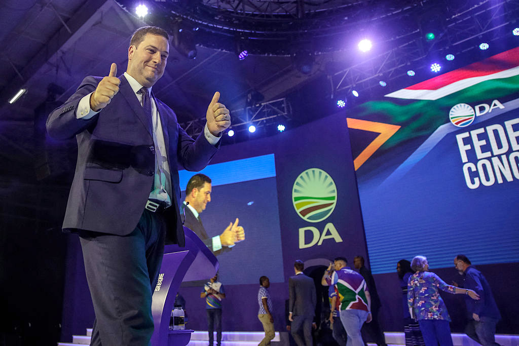Geordin Hill-Lewis celebrates on the second day of the DA Federal Congress at the Gallagher Convention Centre in Midrand on April 12.