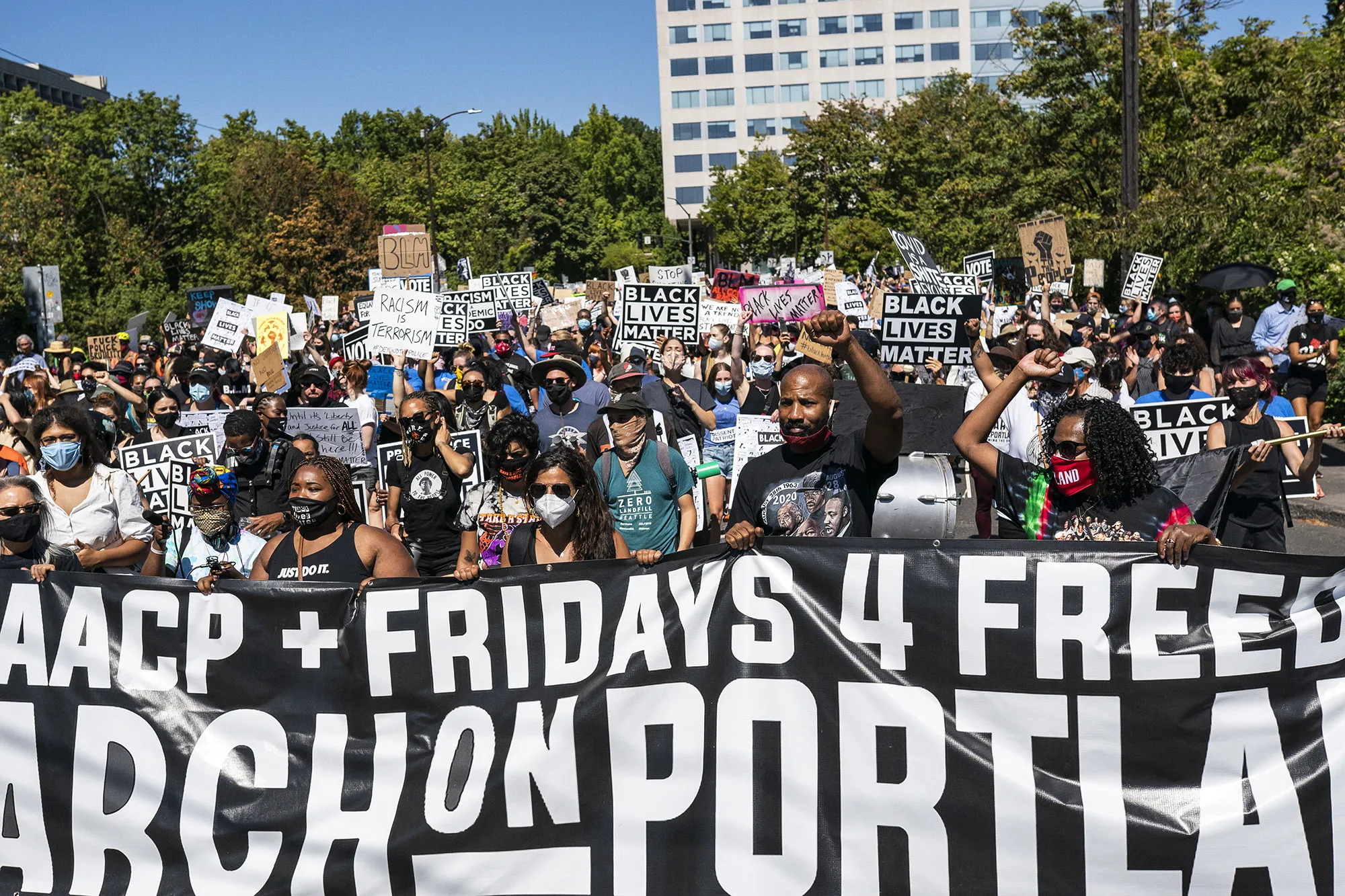Protesters&nbsp;march in Portland, Ore., on Aug.&nbsp;28.&nbsp;